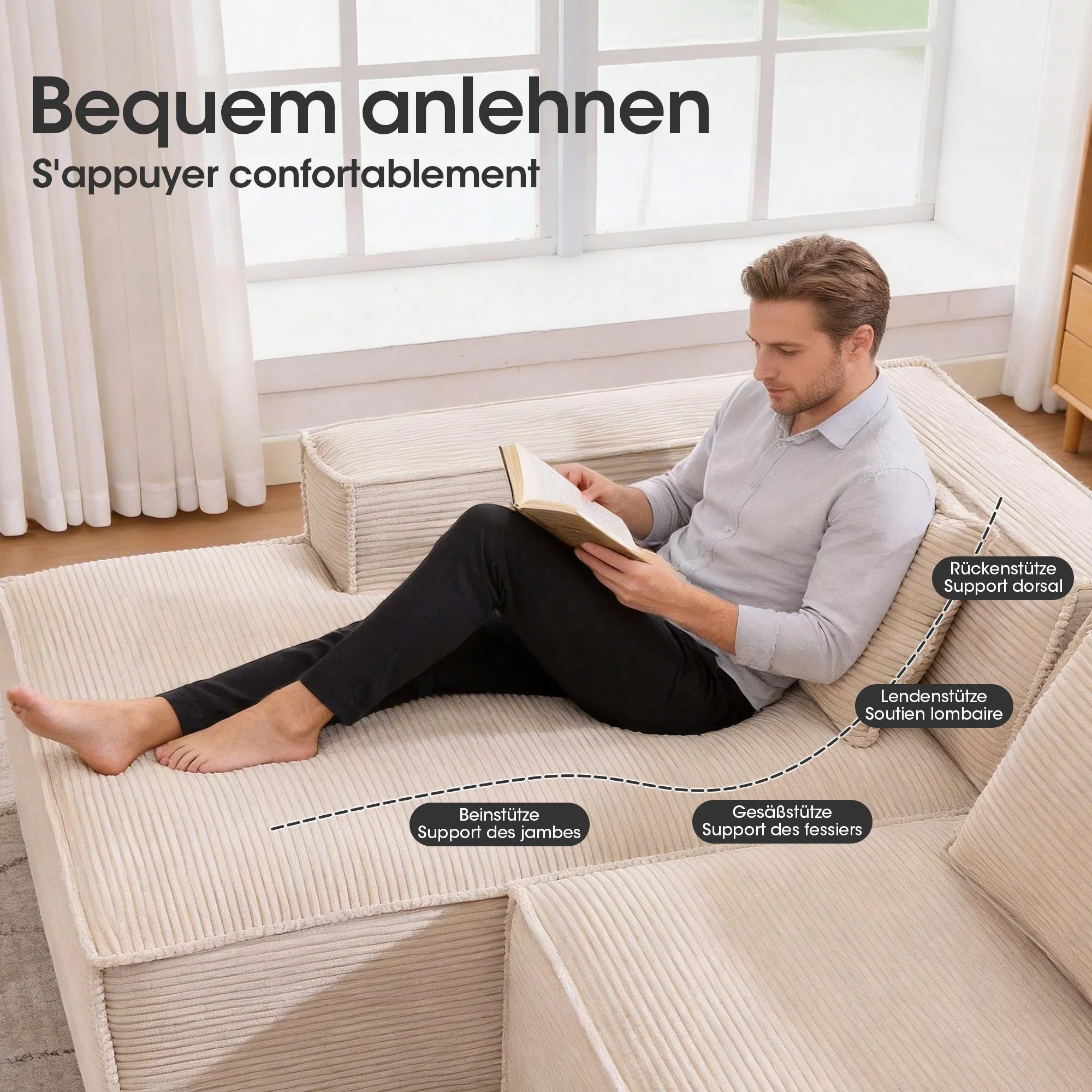 Economy Textile Sofa, 235 cm Wide with Two Cushions and Pencil Case, Modern and Comfortable, Textile - Image 4