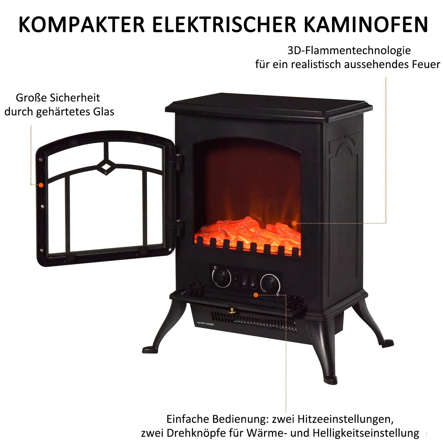 Electric Fireplace, Flame Effect 1000/2000W Overheat Protection, Black - Image 5