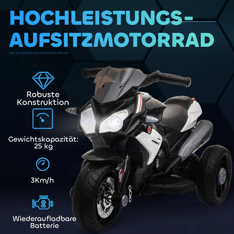 Electric Kids Motorcycle, Lights & Sounds, 3 km/h, Rechargeable, Black/White - Image 5