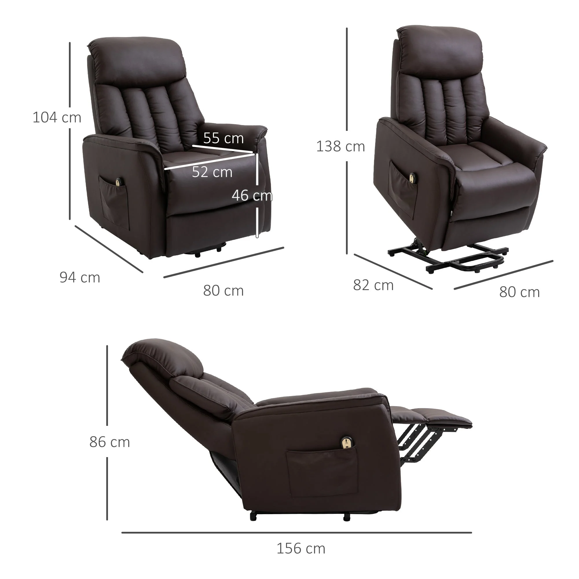 Electric Lift Chair, Recliner TV Chair with Lift Assistance & Reclining Function, Faux Leather Brown - Image 3