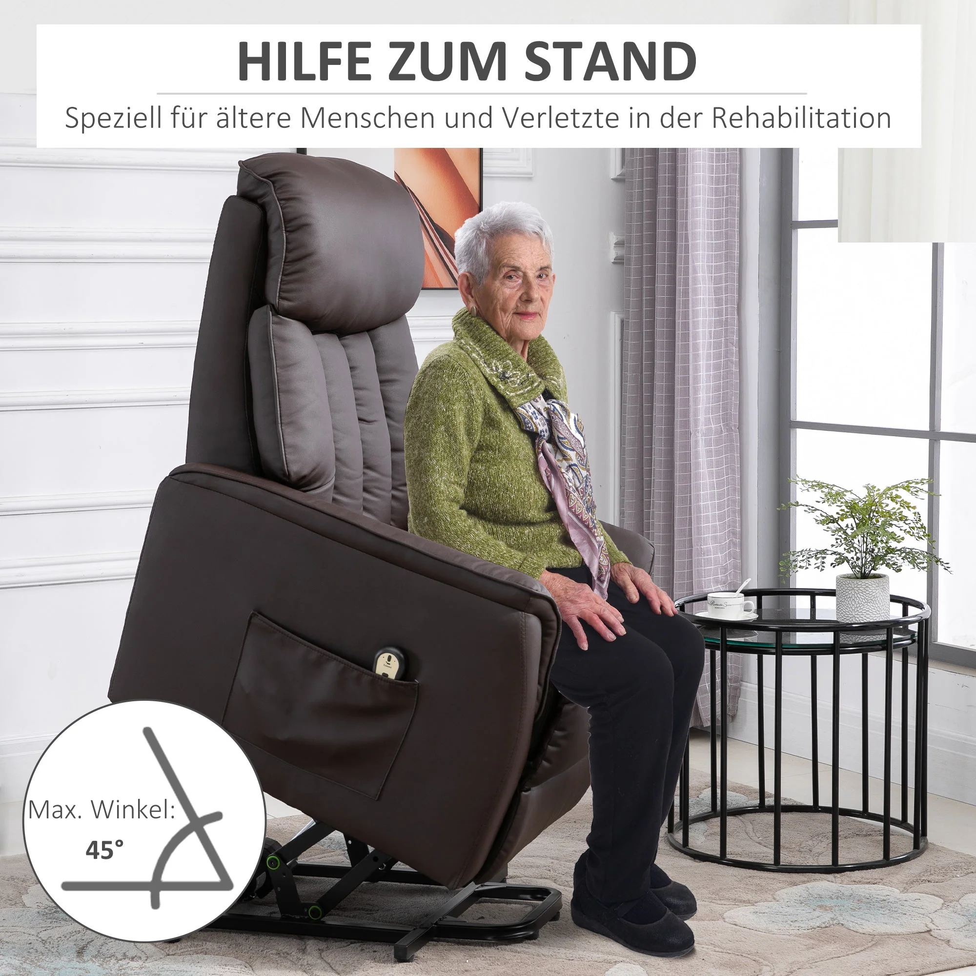 Electric Lift Chair, Recliner TV Chair with Lift Assistance & Reclining Function, Faux Leather Brown - Image 5