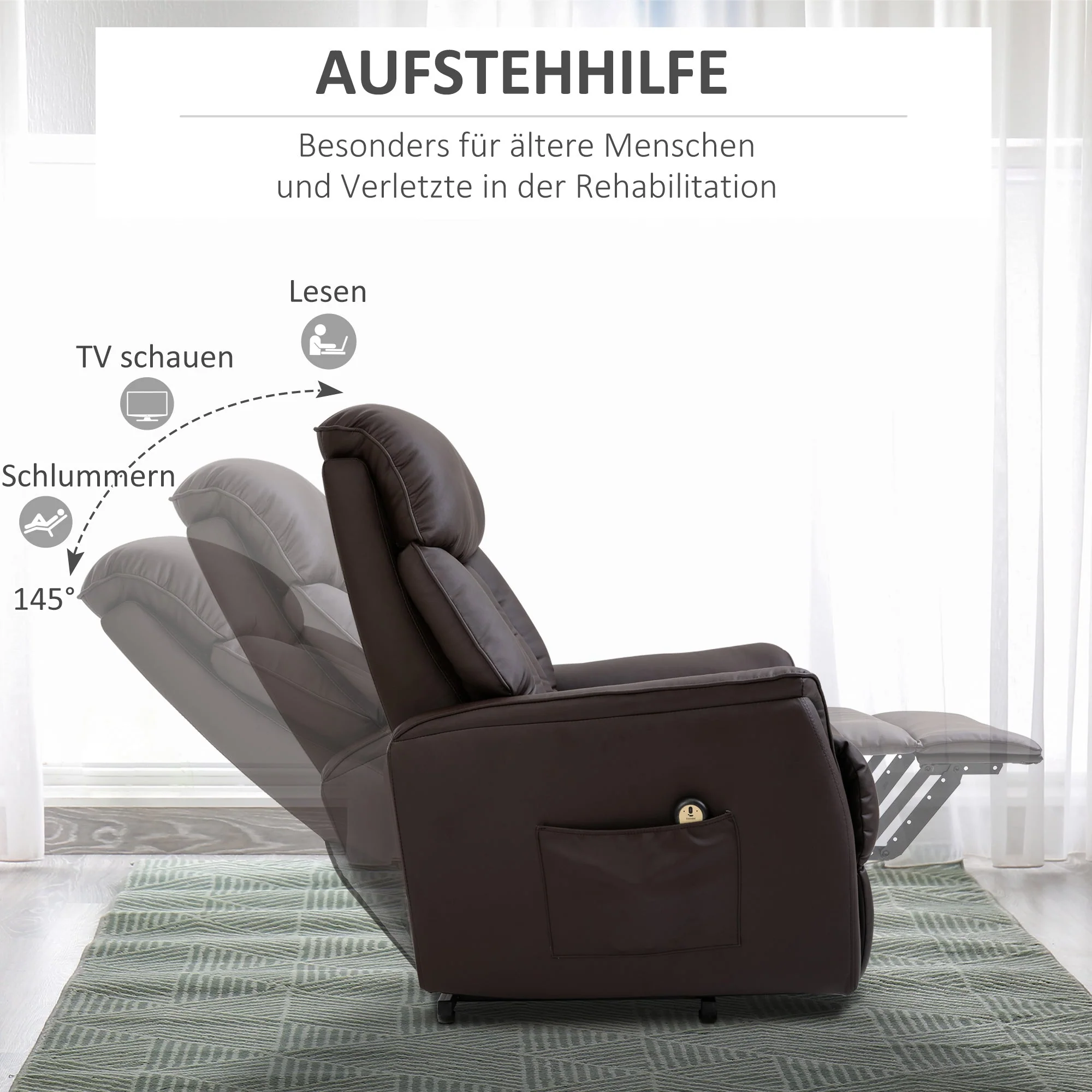 Electric Lift Chair, Recliner TV Chair with Lift Assistance & Reclining Function, Faux Leather Brown - Image 6