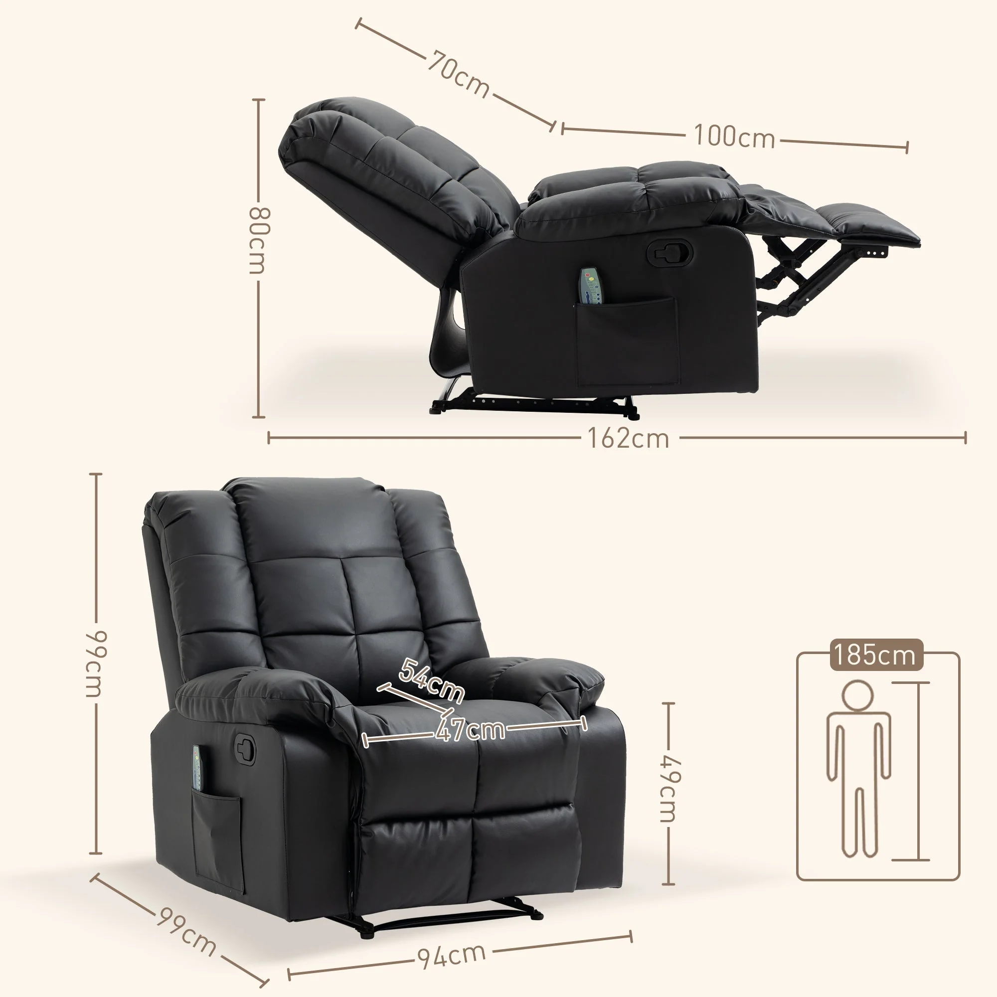 Electric Massage Chair Recliner Faux Leather Wood Steel Black - Image 3