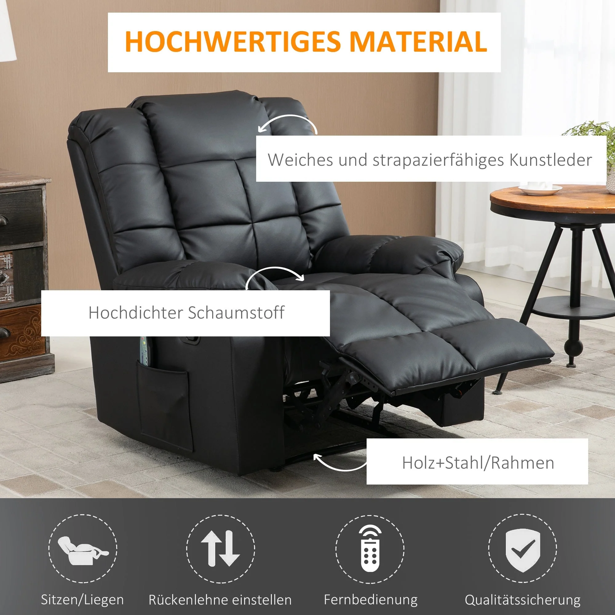 Electric Massage Chair Recliner Faux Leather Wood Steel Black - Image 5