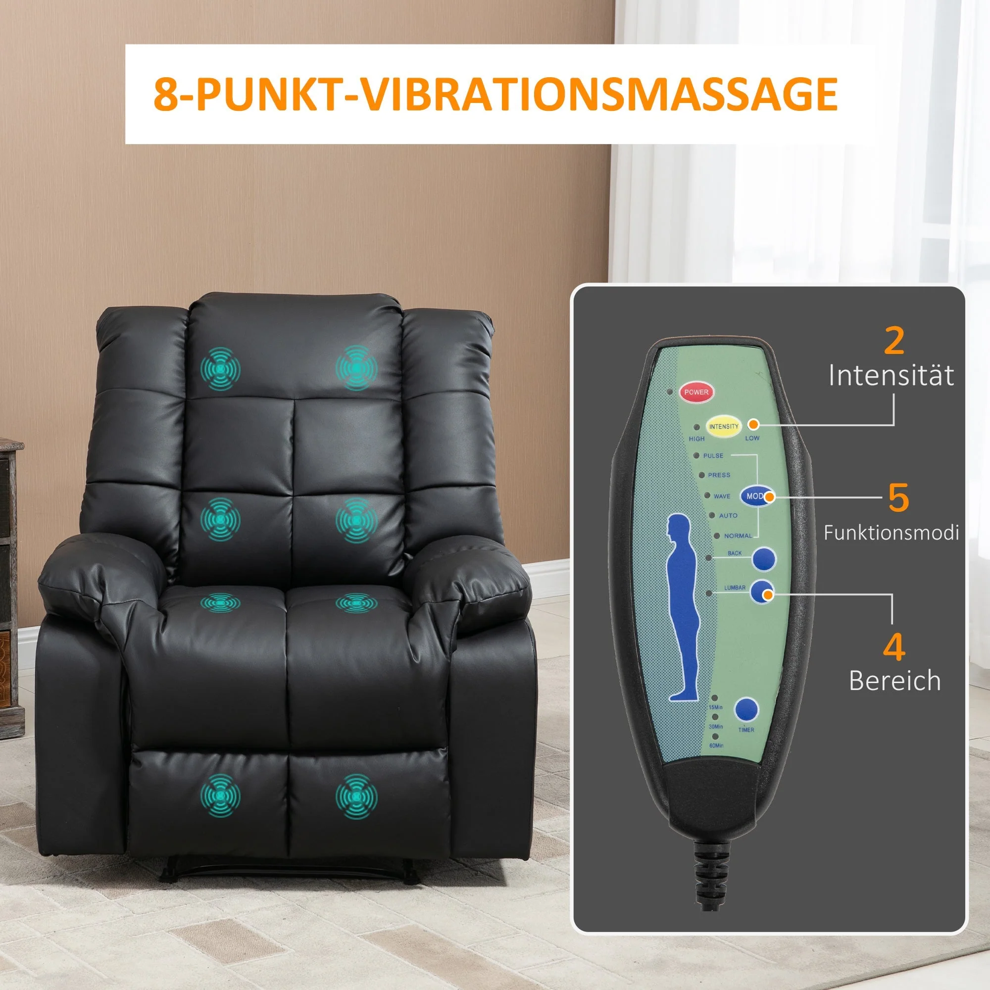 Electric Massage Chair Recliner Faux Leather Wood Steel Black - Image 6