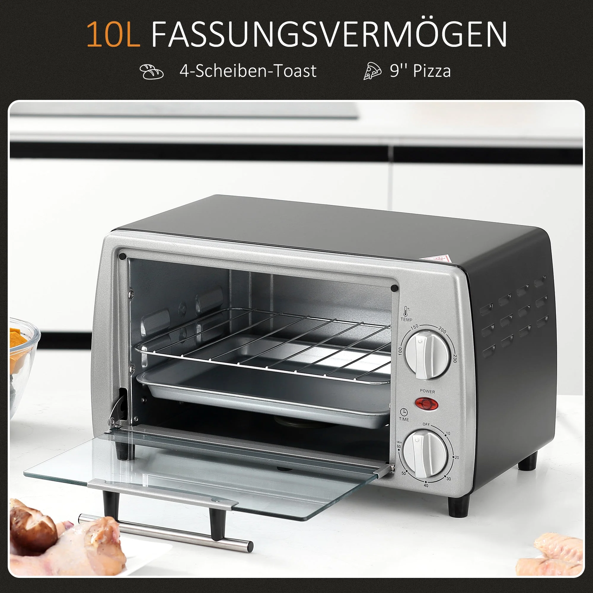 Electric Oven 10L Adjustable Temperature and Timer, 750W, Silver Black - Image 4