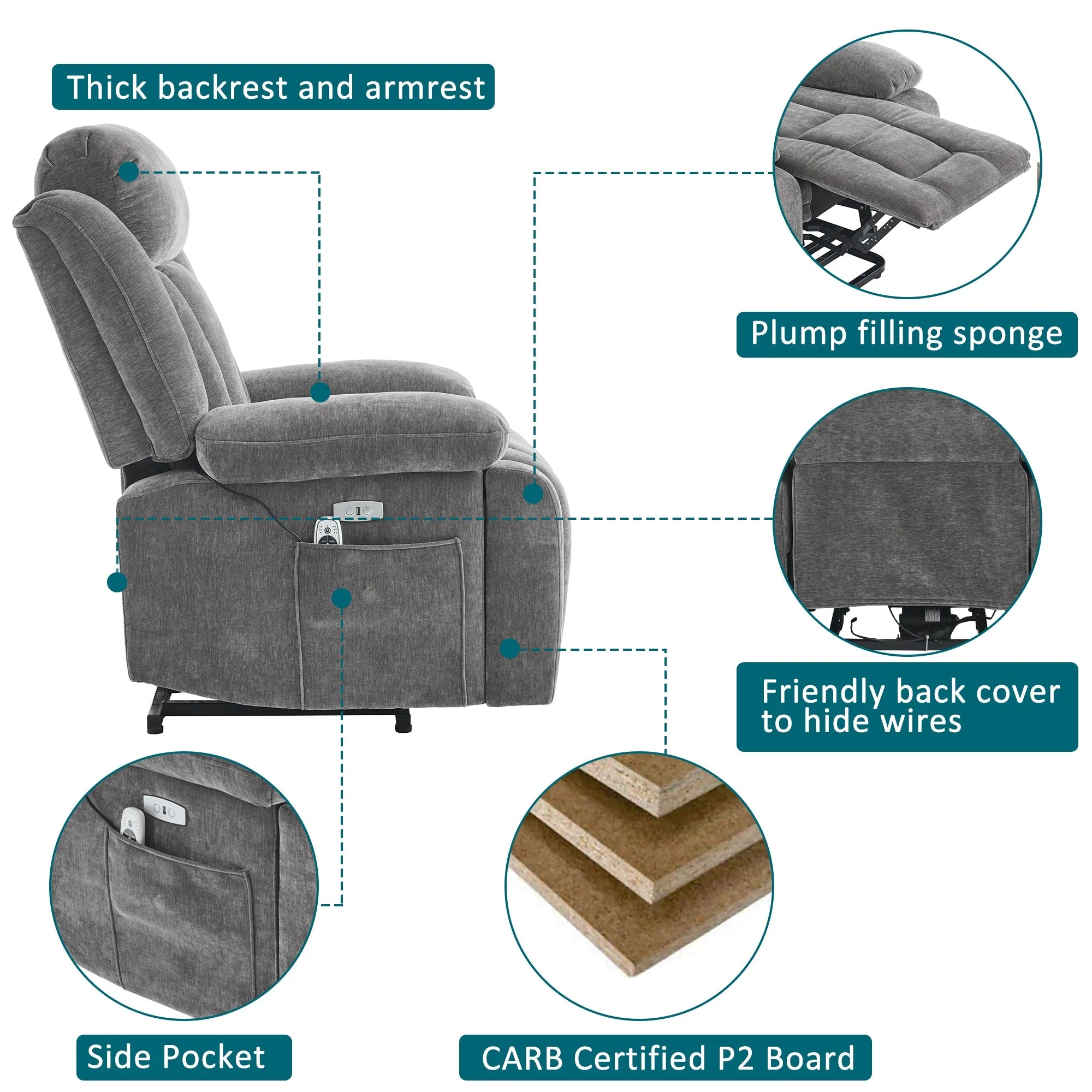 Electric Power Lift Recliner Chair Sofa with Massage, Heat, Heavy Duty, and Safety Motion Fabric - Image 3