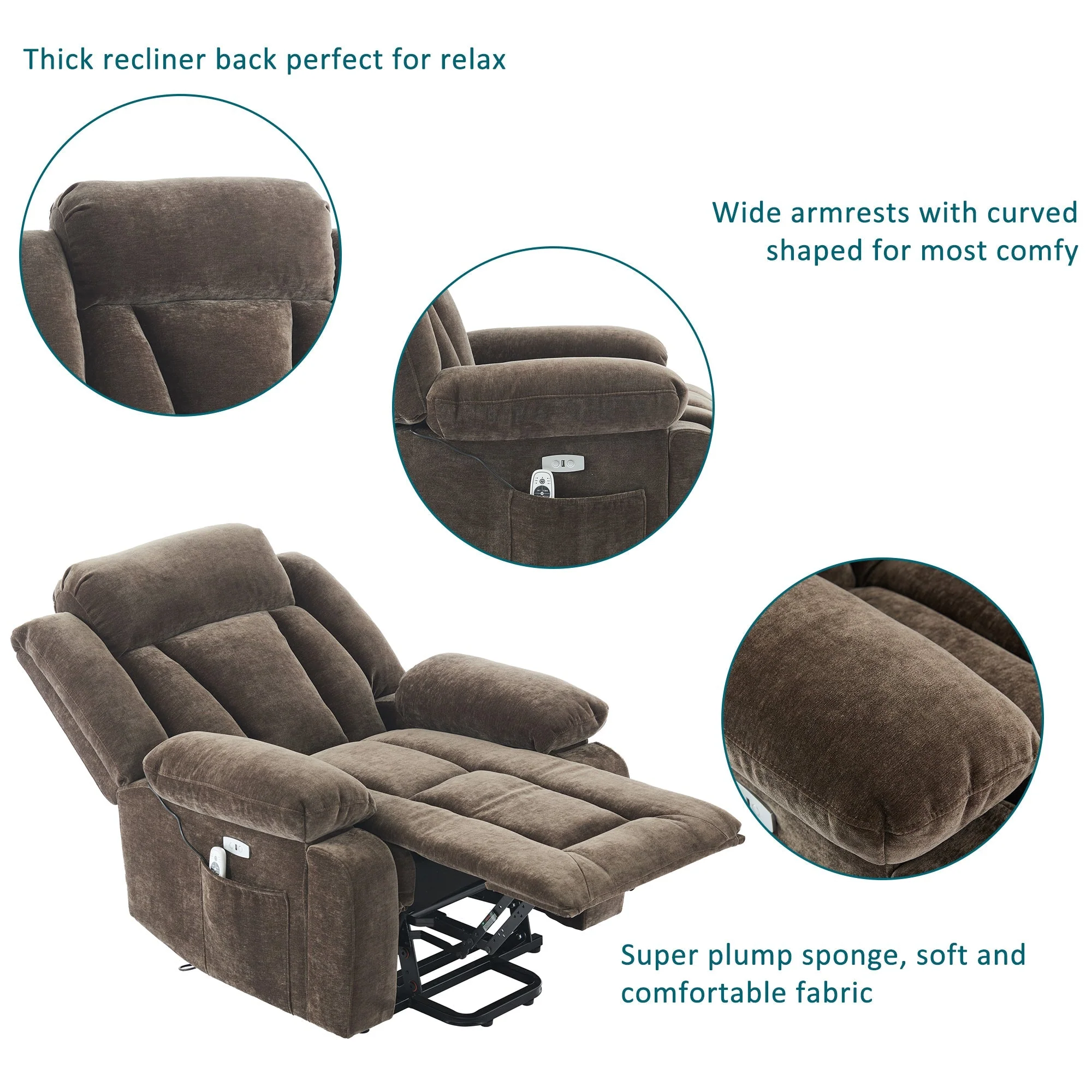 Electric Power Lift Recliner Chair Sofa with Massage, Heat, Heavy Duty Safety Motion, Storage Pocket, Cup Holders, USB Ports, Fabric - Image 2