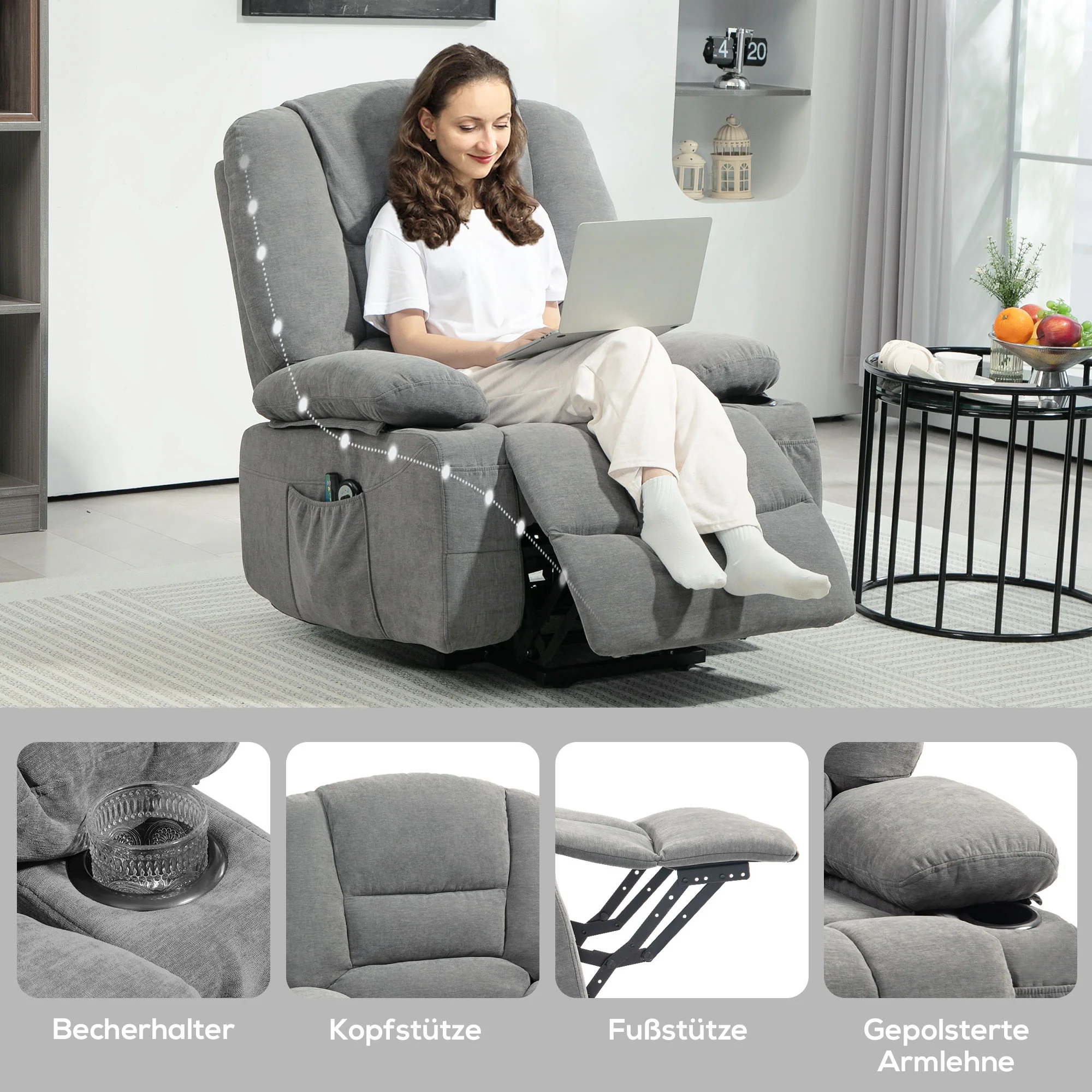 Electric Recliner Lift Massage Heating Side Pocket, Dark Grey - Image 8