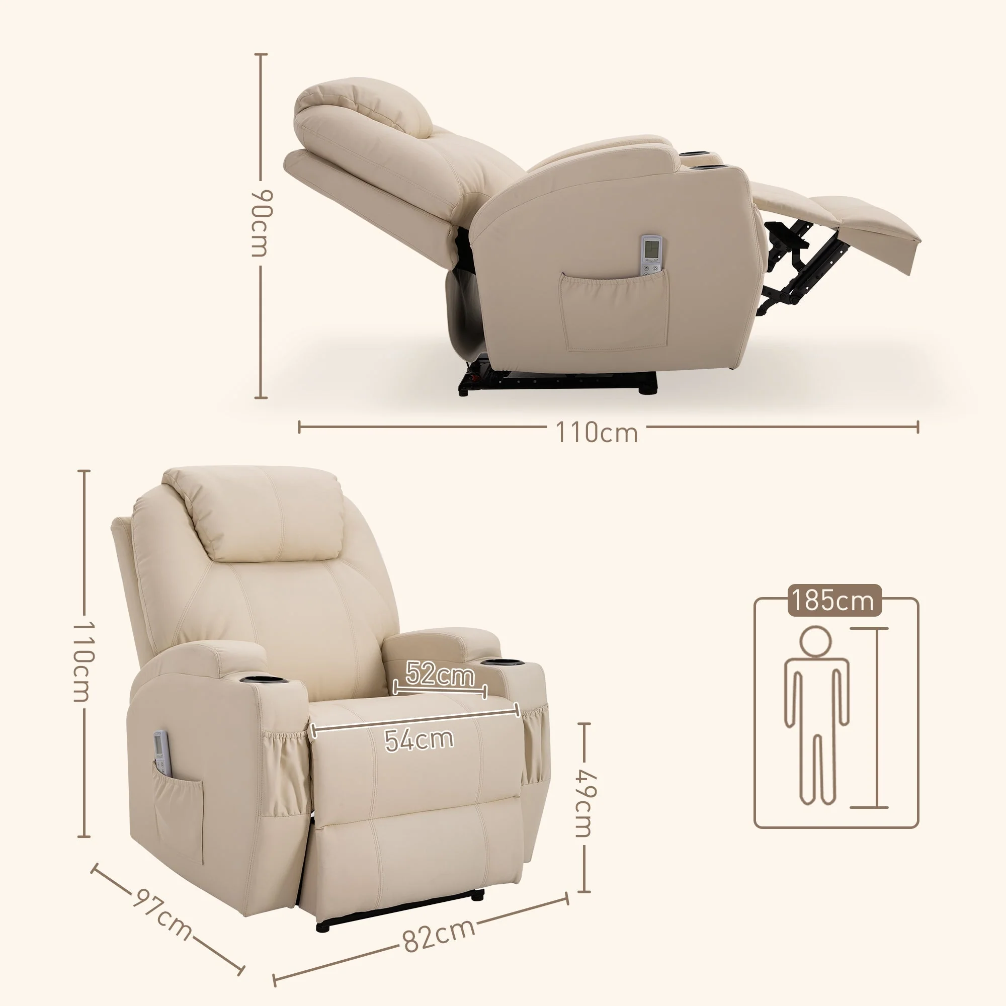 Electric Recliner TV Massage Chair with Reclining Function, Faux Leather Beige - Image 3