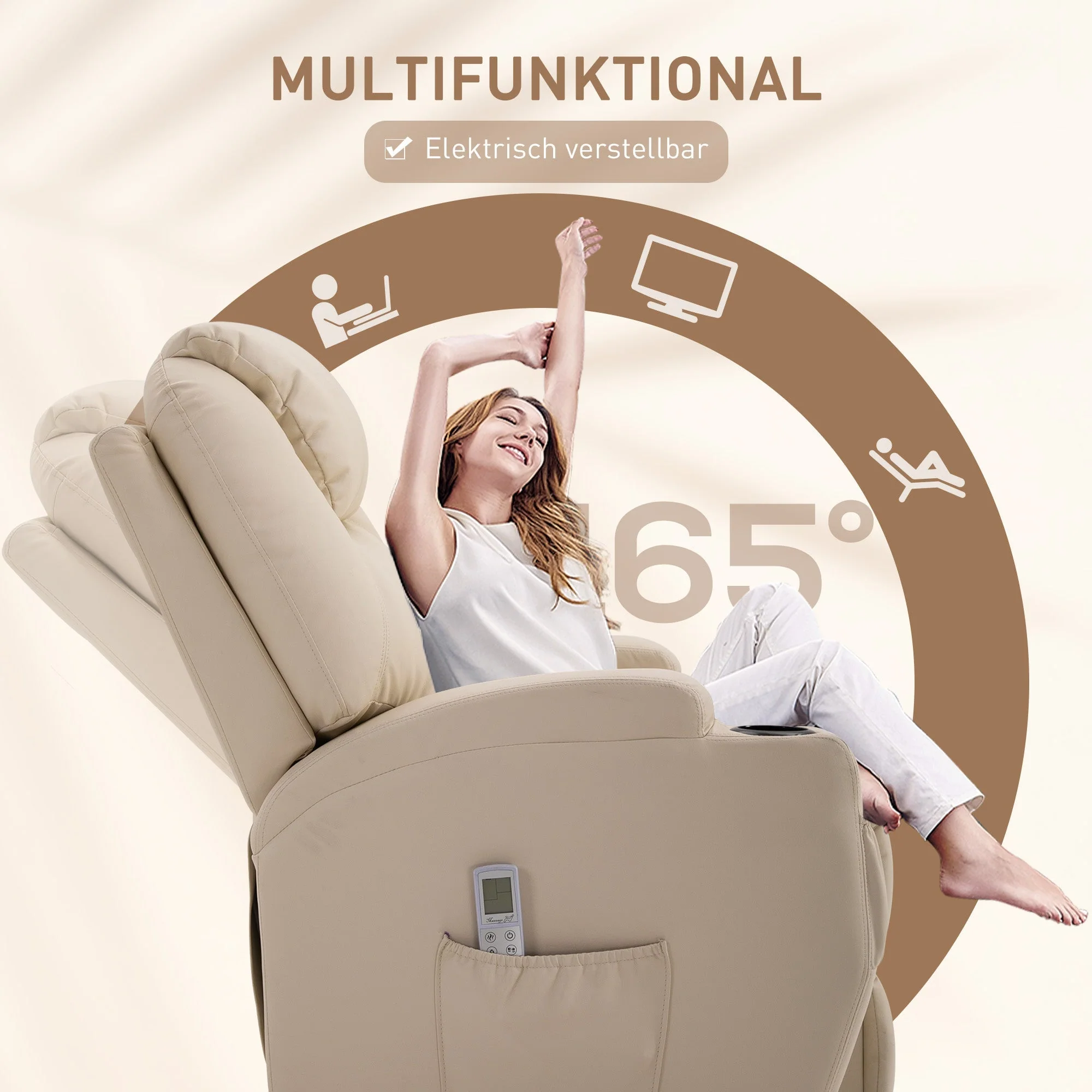 Electric Recliner TV Massage Chair with Reclining Function, Faux Leather Beige - Image 5