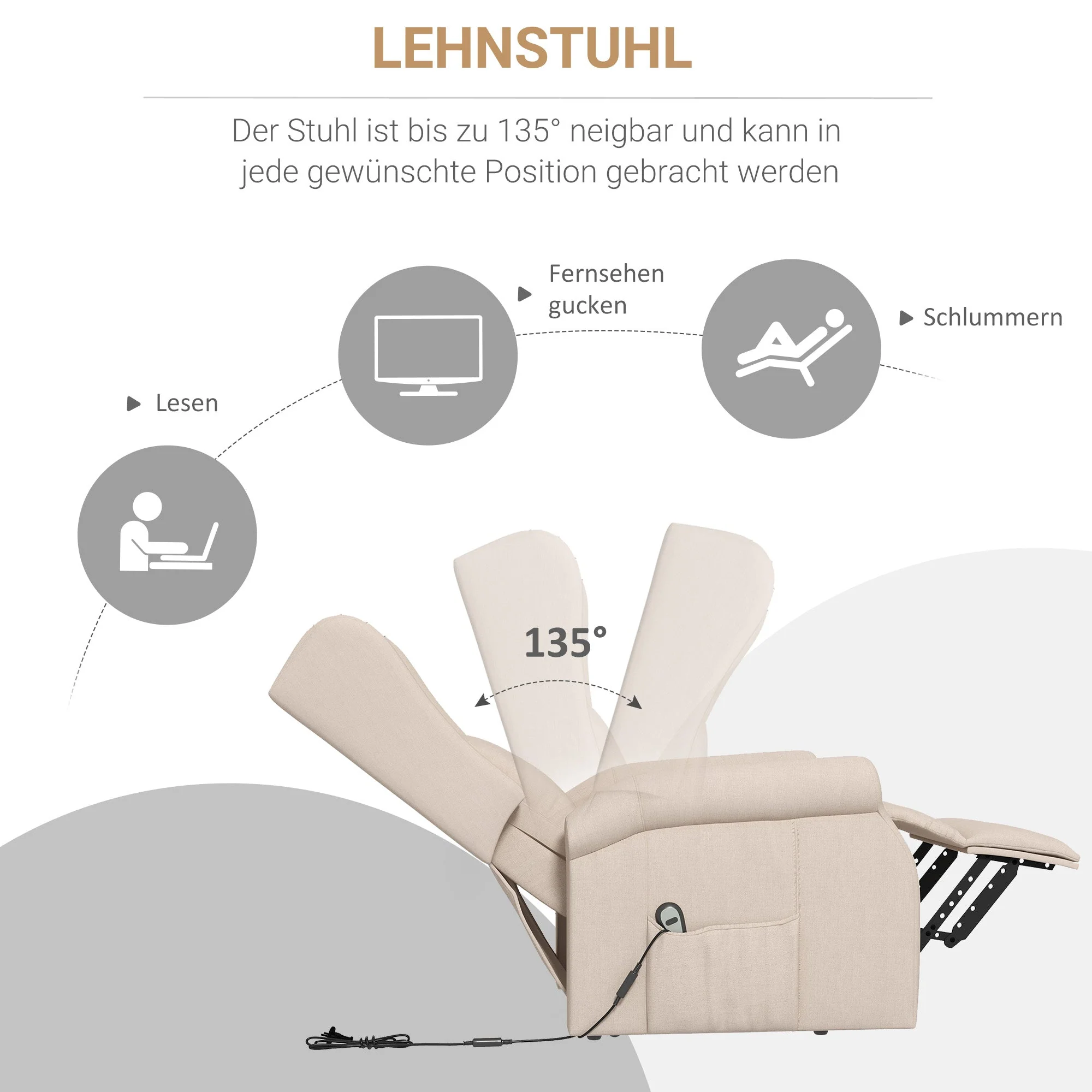 Electric Reclining Chair Lift Assistance up to 200kg, Cream - Image 5