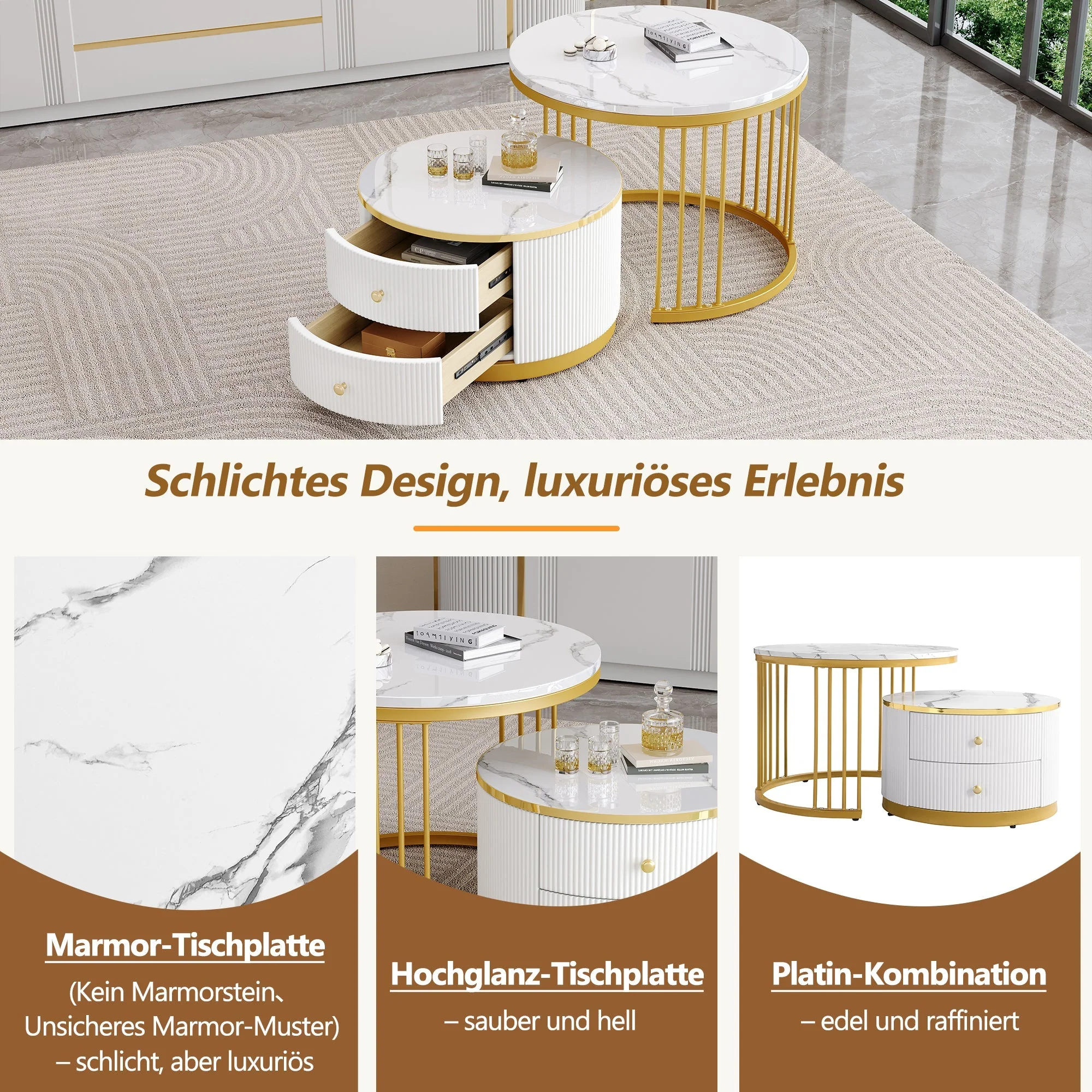 Elegant Nesting Coffee Table Set with Drawers, White Marble Look - Image 9