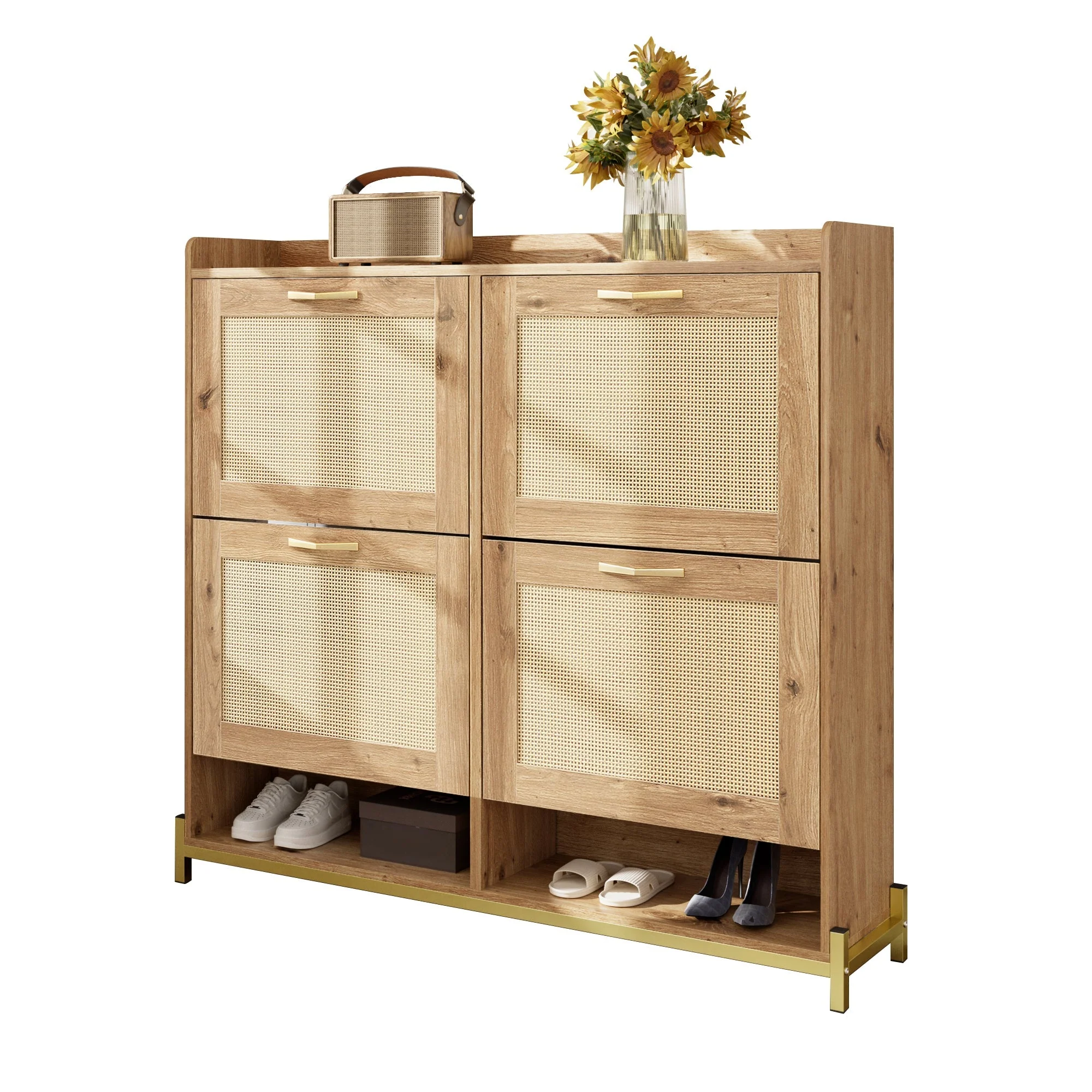 Elegant Shoe Cabinet 4 Doors Metal Frame Top Shelf Wooden Rattan - Image 10