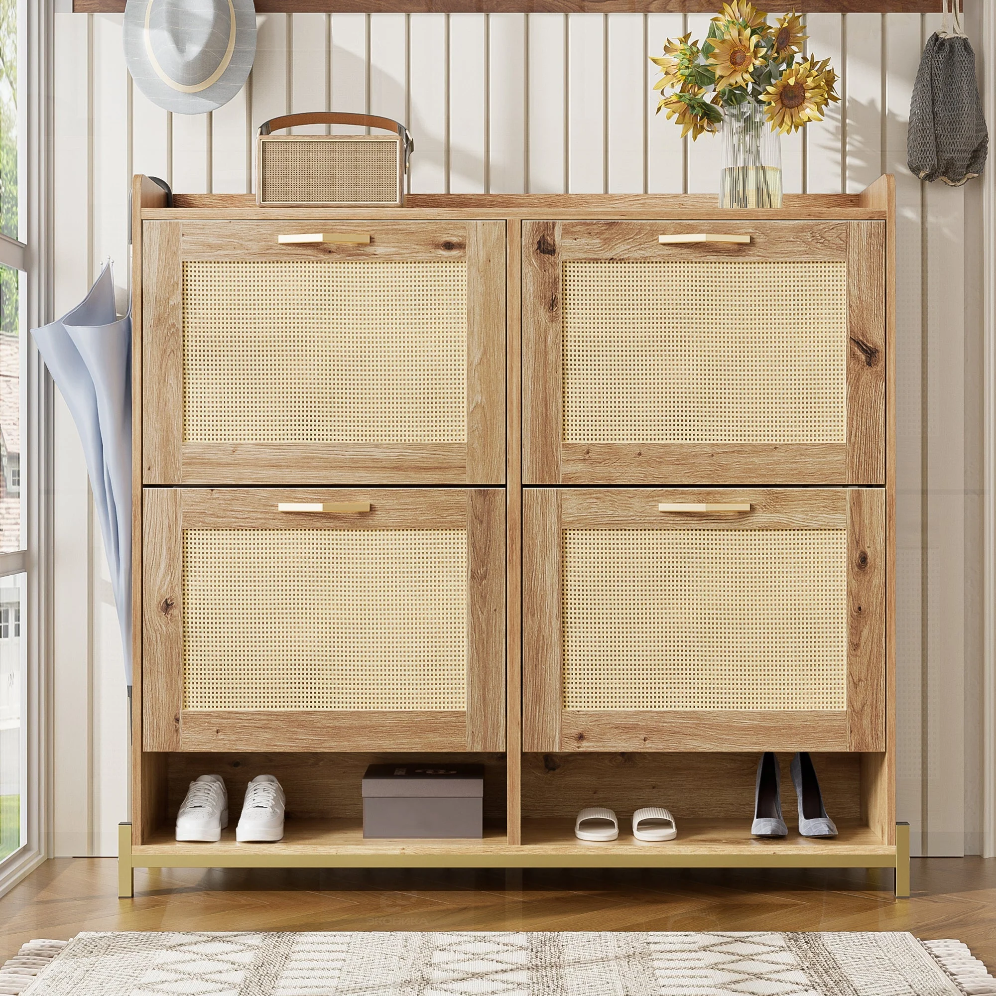 Elegant Shoe Cabinet 4 Doors Metal Frame Top Shelf Wooden Rattan - Image 11