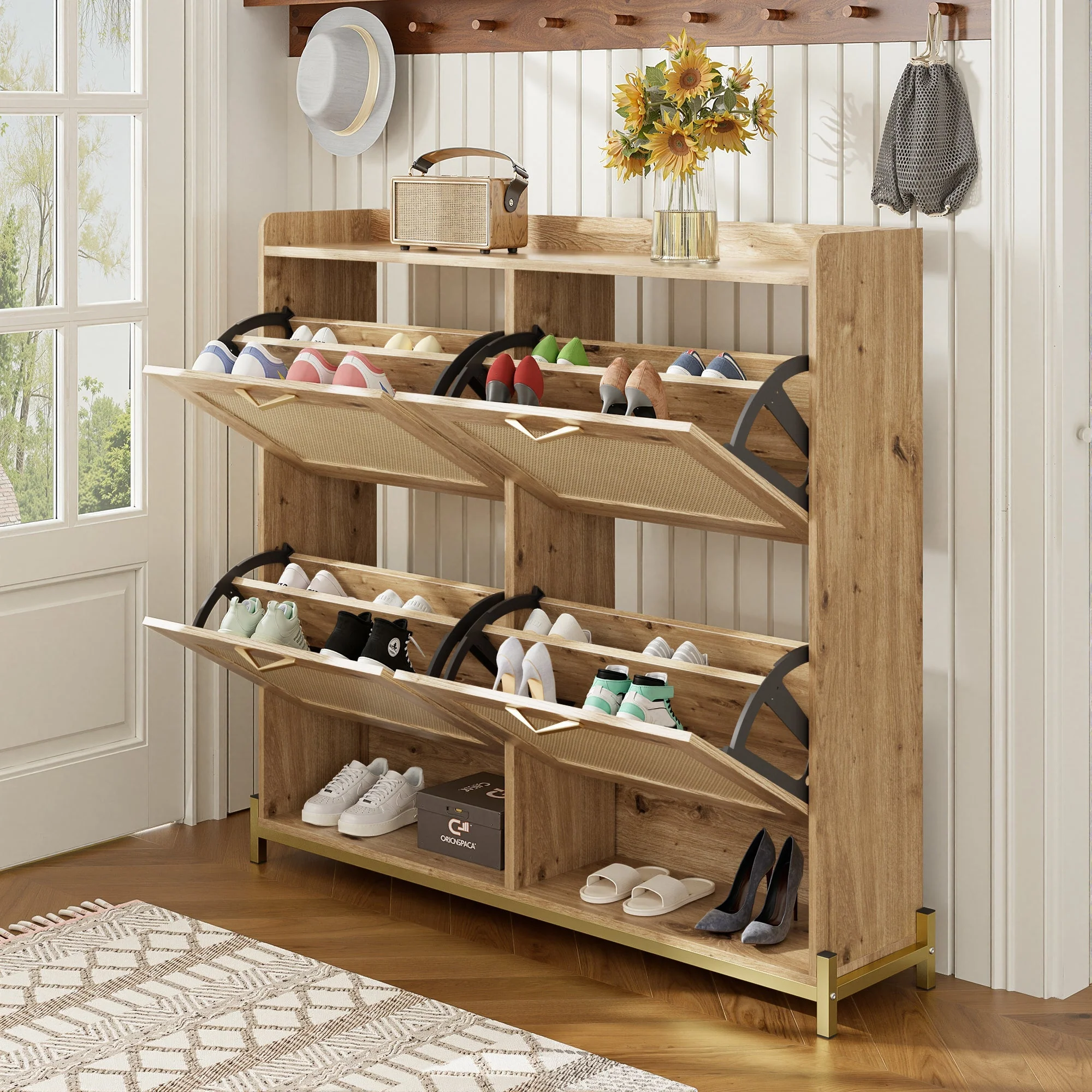 Elegant Shoe Cabinet 4 Doors Metal Frame Top Shelf Wooden Rattan - Image 12