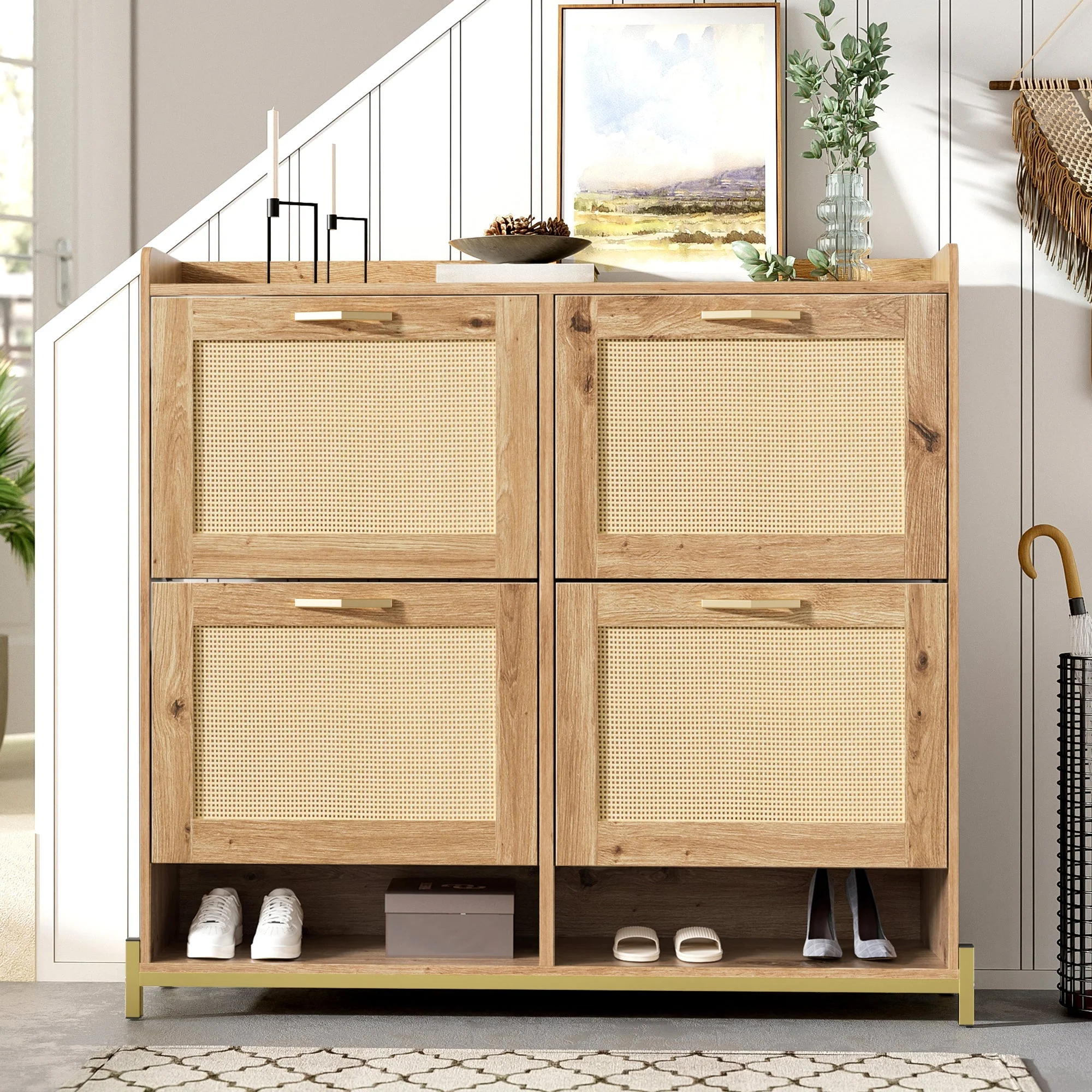 Elegant Shoe Cabinet 4 Doors Metal Frame Top Shelf Wooden Rattan - Image 14