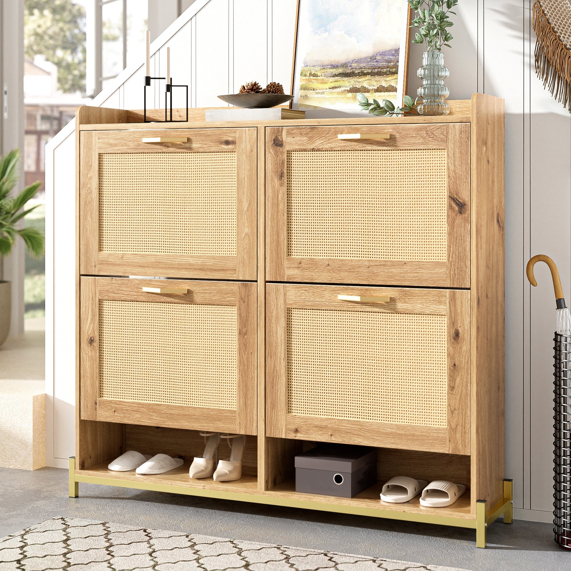 Elegant Shoe Cabinet 4 Doors Metal Frame Top Shelf Wooden Rattan - Image 15