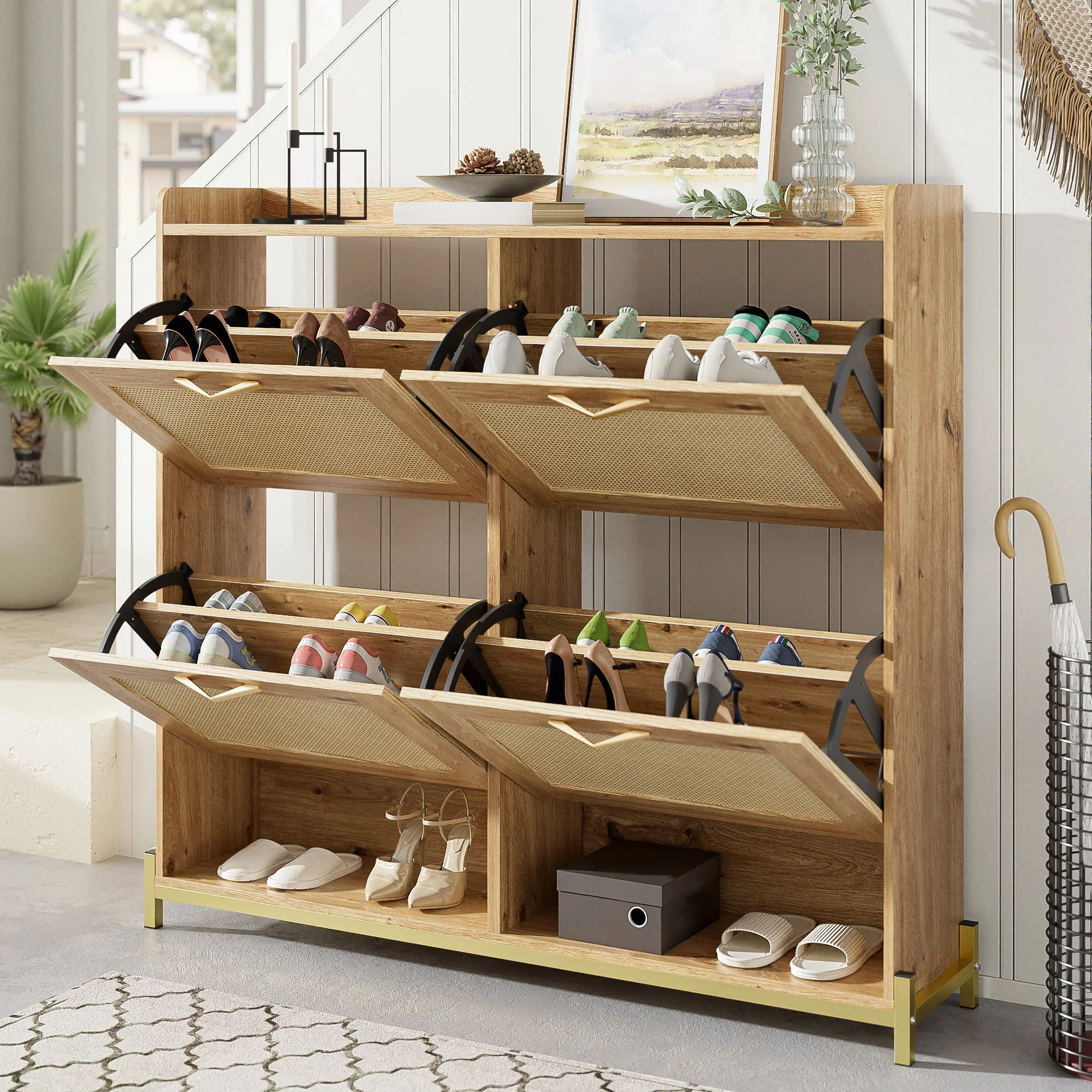 Elegant Shoe Cabinet 4 Doors Metal Frame Top Shelf Wooden Rattan - Image 16