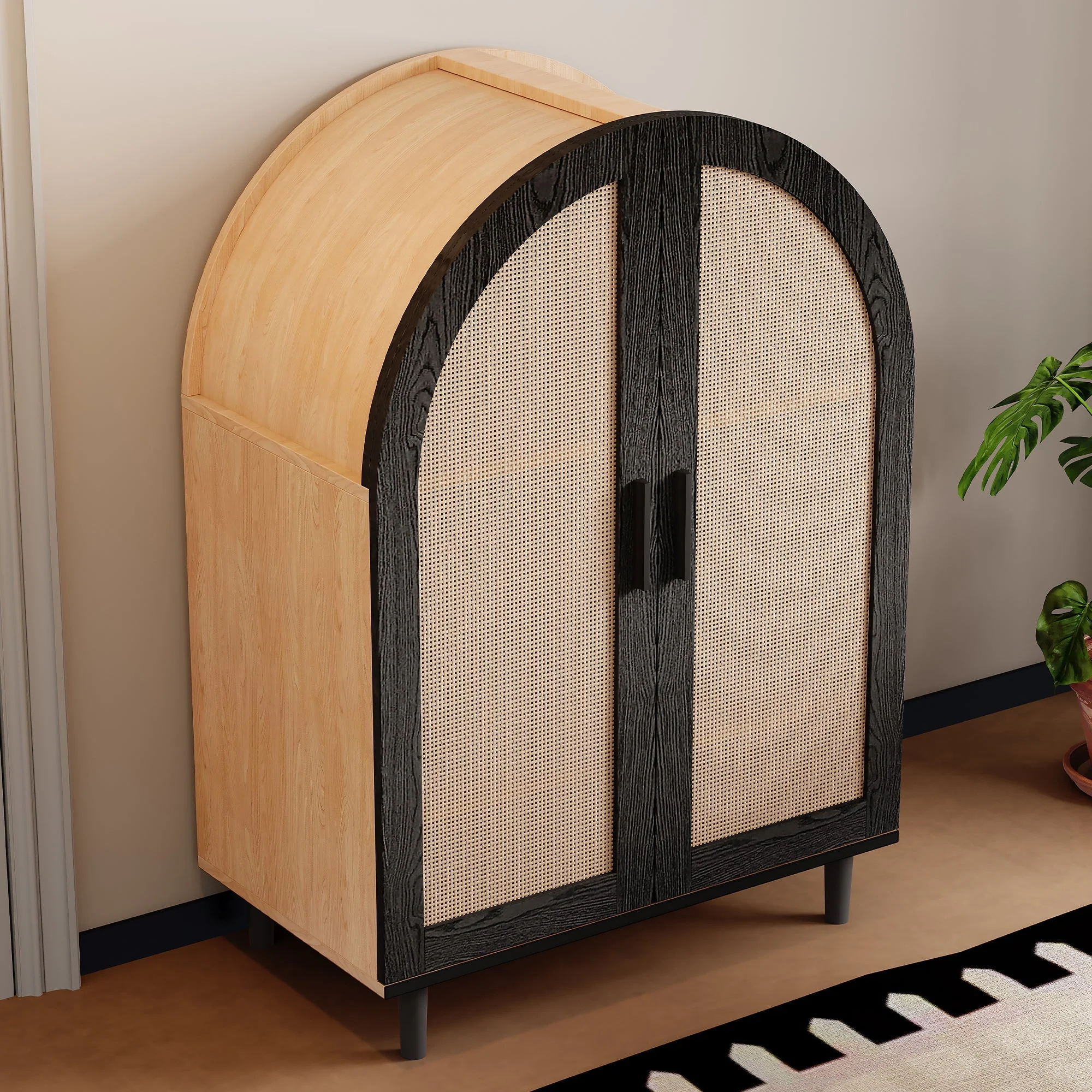 Elegant Sideboard/Shoe Cabinet, Rounded Exterior, Rattan Doors, 3 Shelves - Image 5