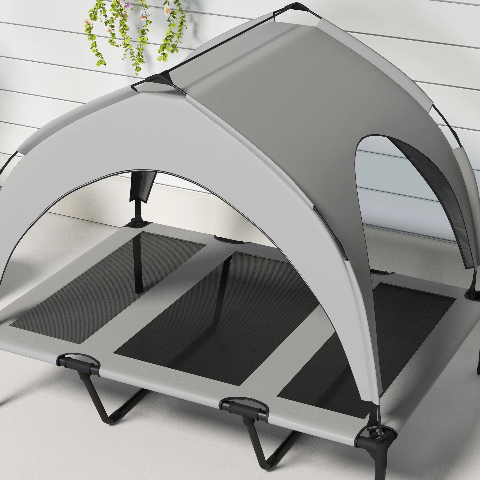 Elevated Dog Bed, Canopy Outdoor Lounger, Breathable, Light Gray Oxford - Image 7