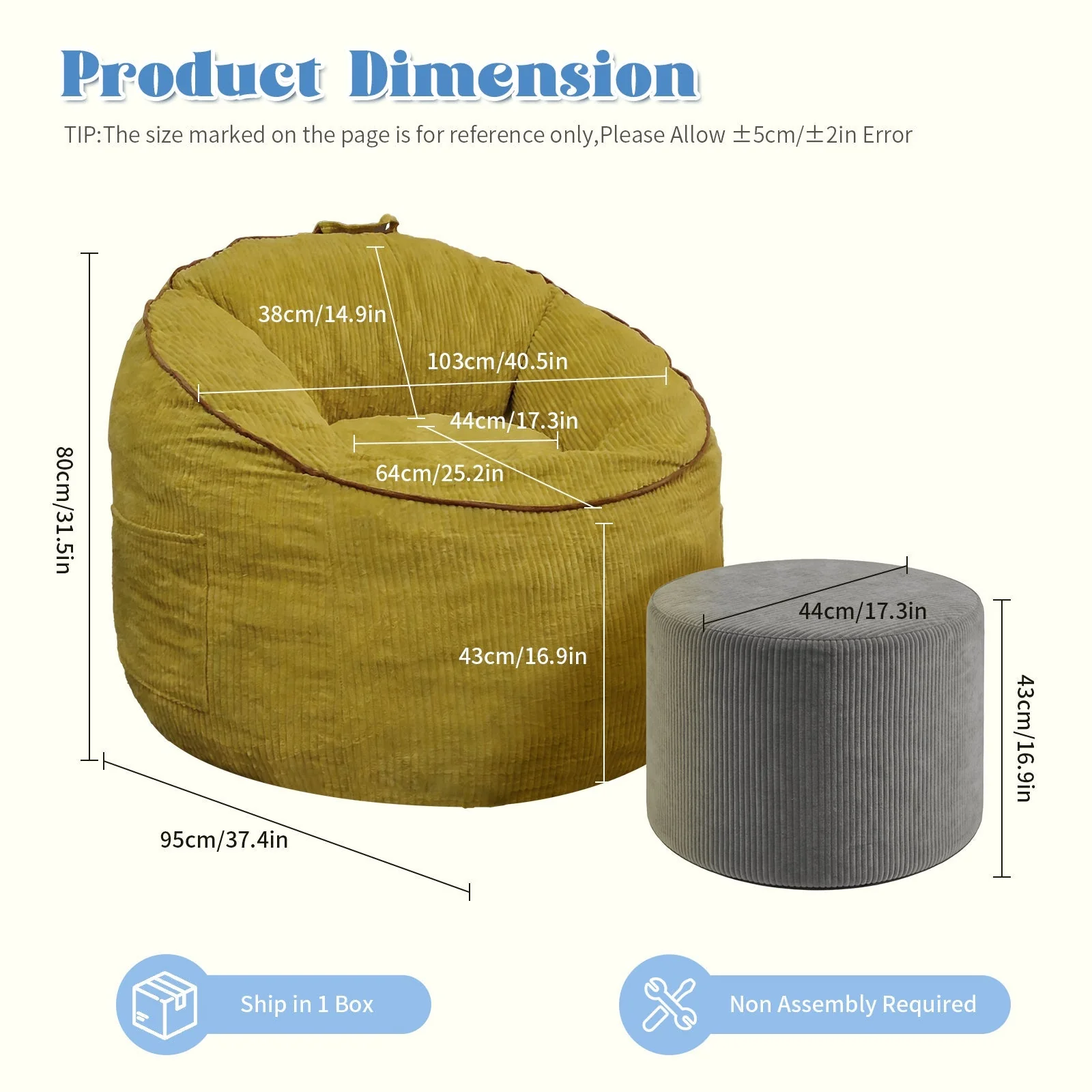 Ergonomic Curved Bean Bag Chair with Storage Pocket and Matching Ottoman, Modern Comfort - Image 3