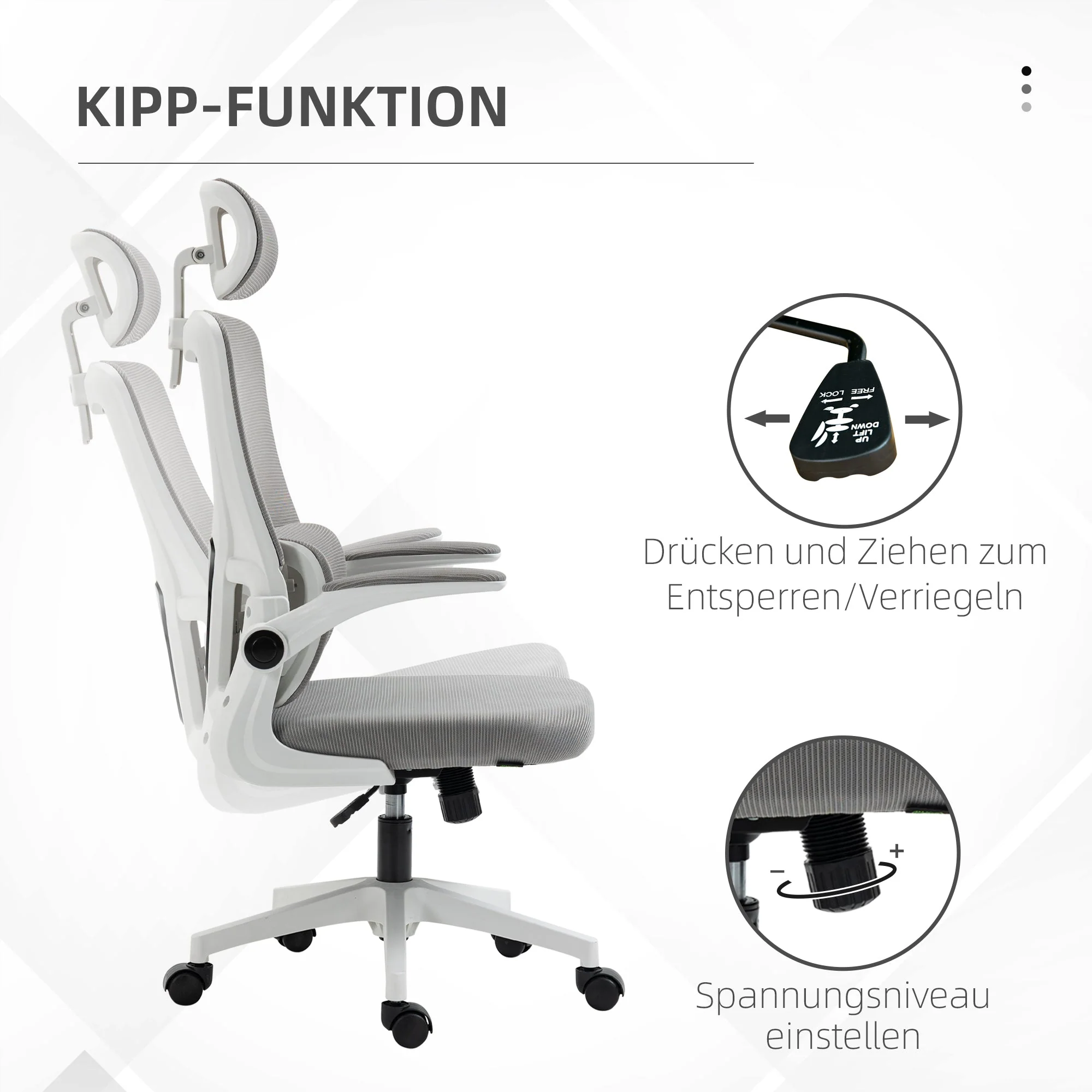 Ergonomic Office Chair - Adjustable Height, Headrest, Lumbar Support, Rocking Function - Mesh Gray - Image 5