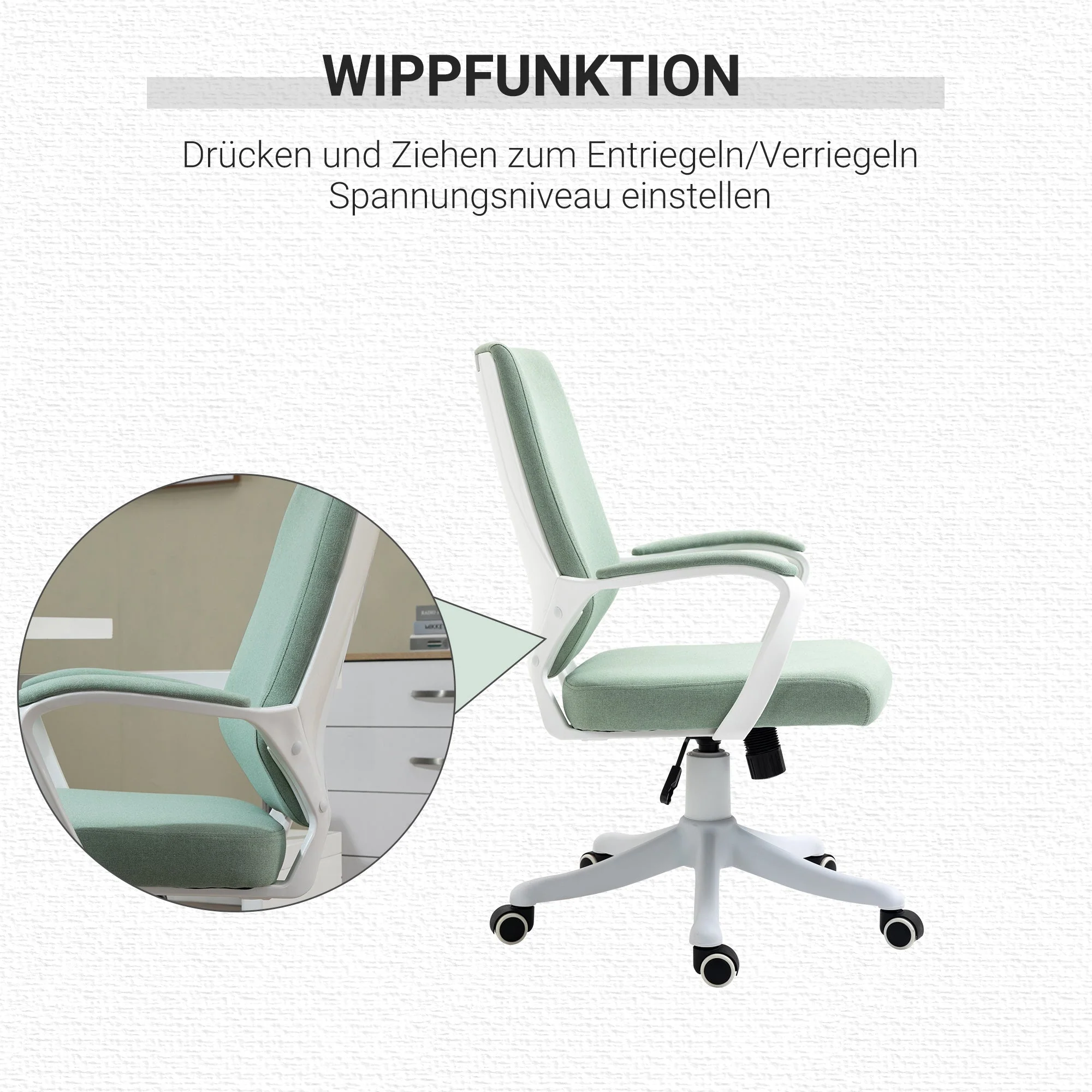 Ergonomic Office Chair Rocking Function Padded 360° Swivel Casters, Green Polyester - Image 6