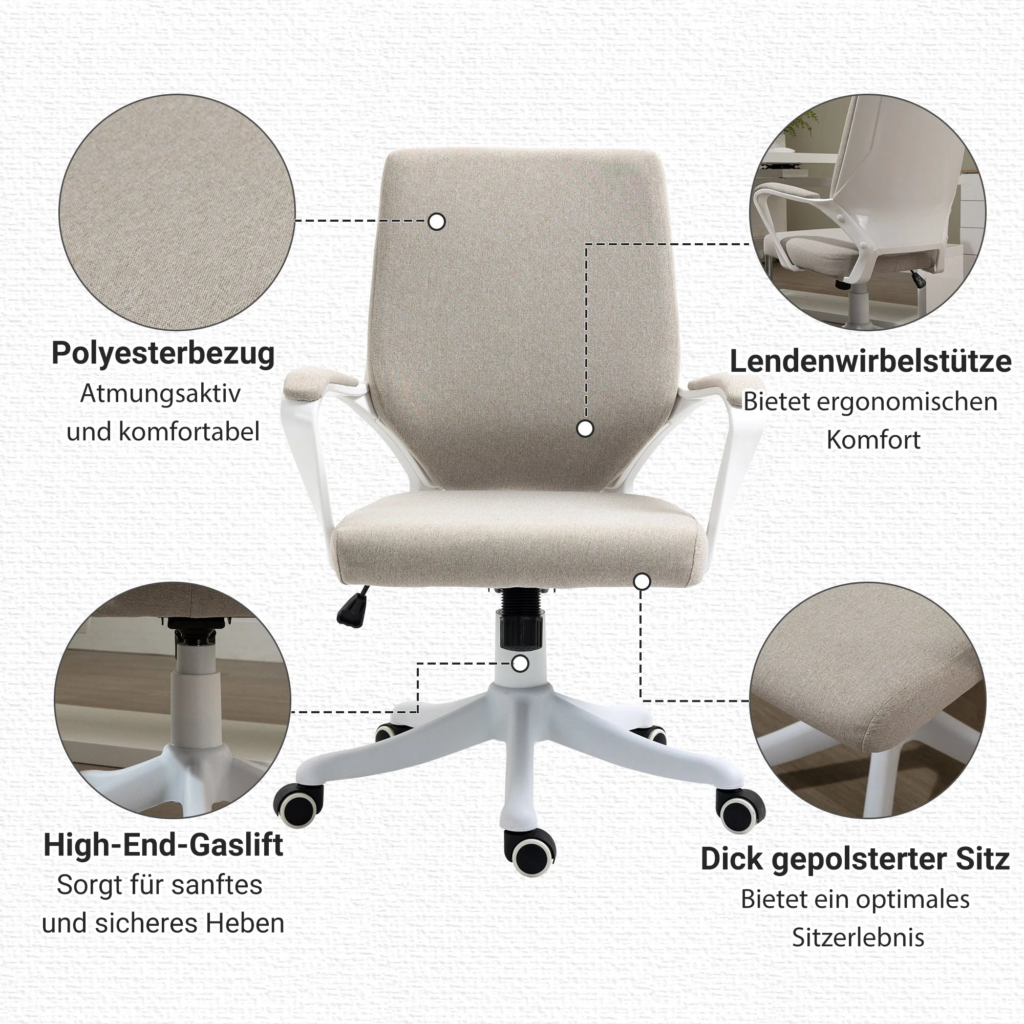 Ergonomic Office Chair with Lumbar Support, Adjustable 120kg, Beige - Image 6