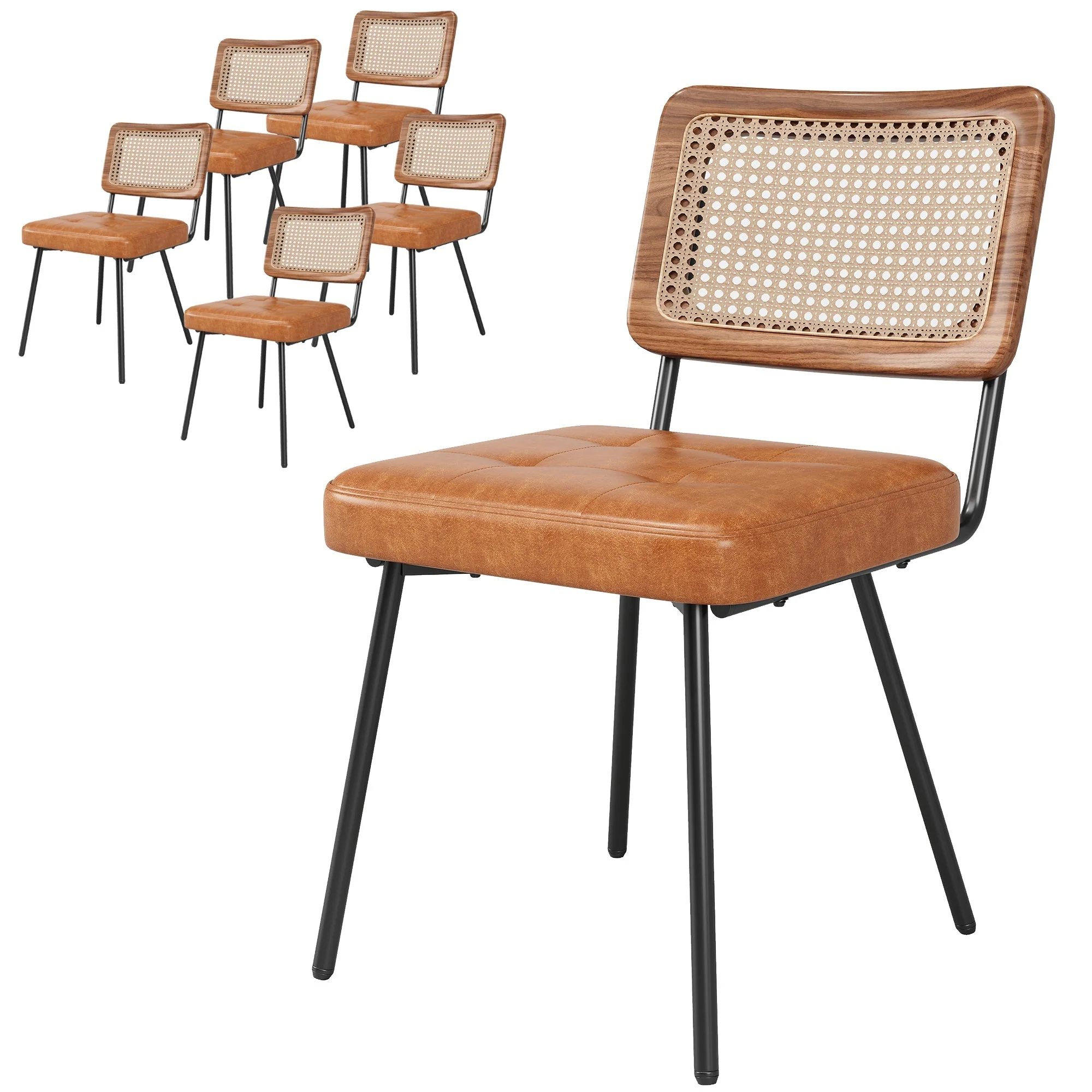 Ergonomic Rattan Dining Chairs with Vanity and Lounge Function, Set of 6, Faux Leather - Image 9