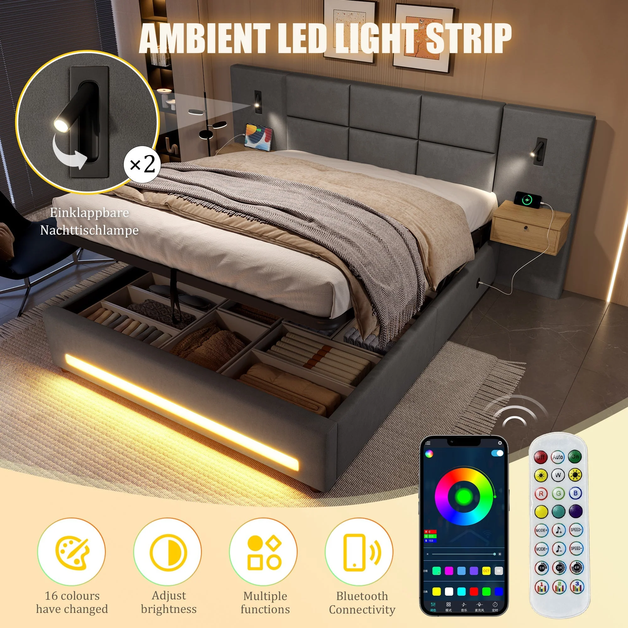 European Upholstered Bed 180x200cm Storage LED USB-C Velvet - Image 6