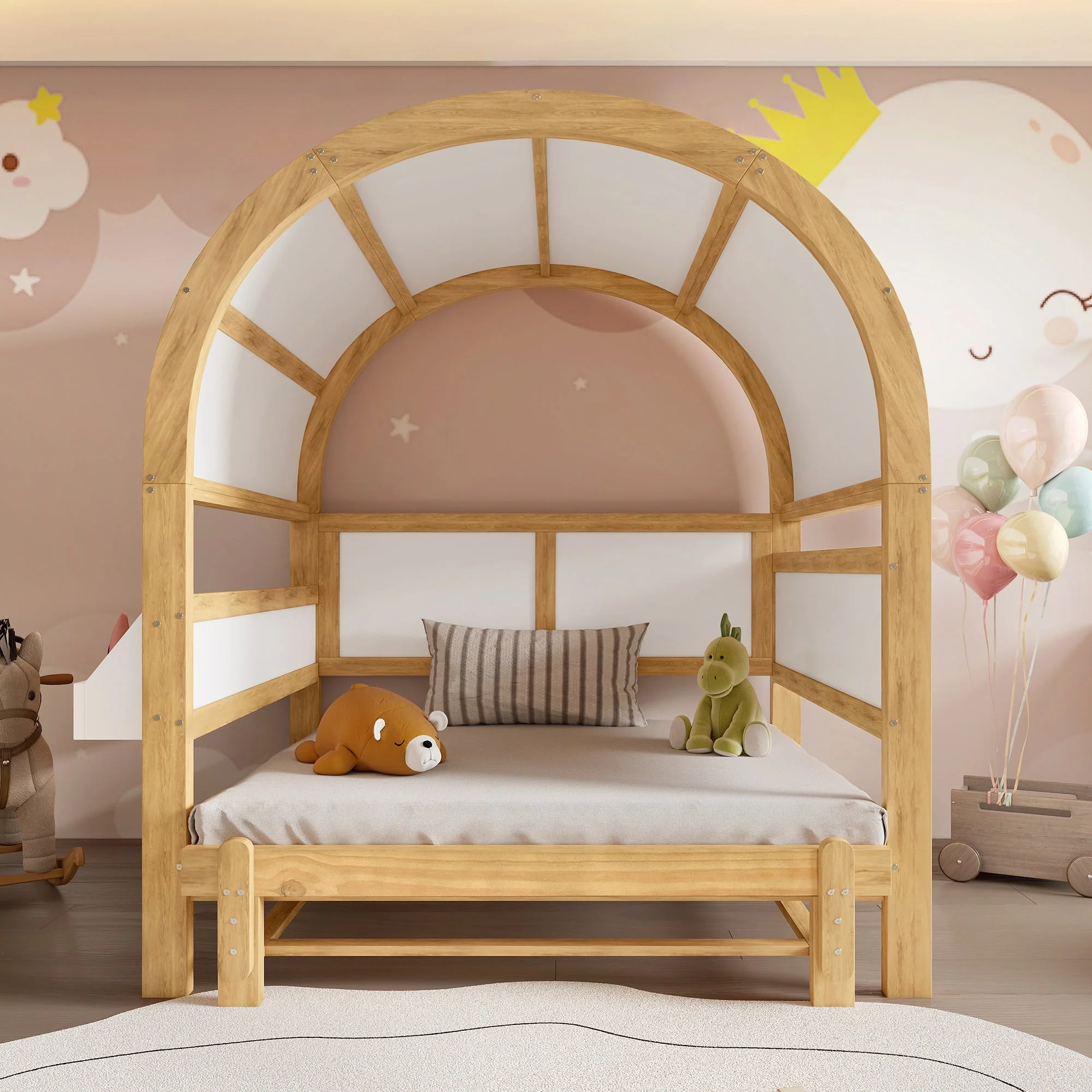 Extendable Arched Roof Bed Sliding Daybed 140x200cm Small Shelf - White/Natural - Image 3
