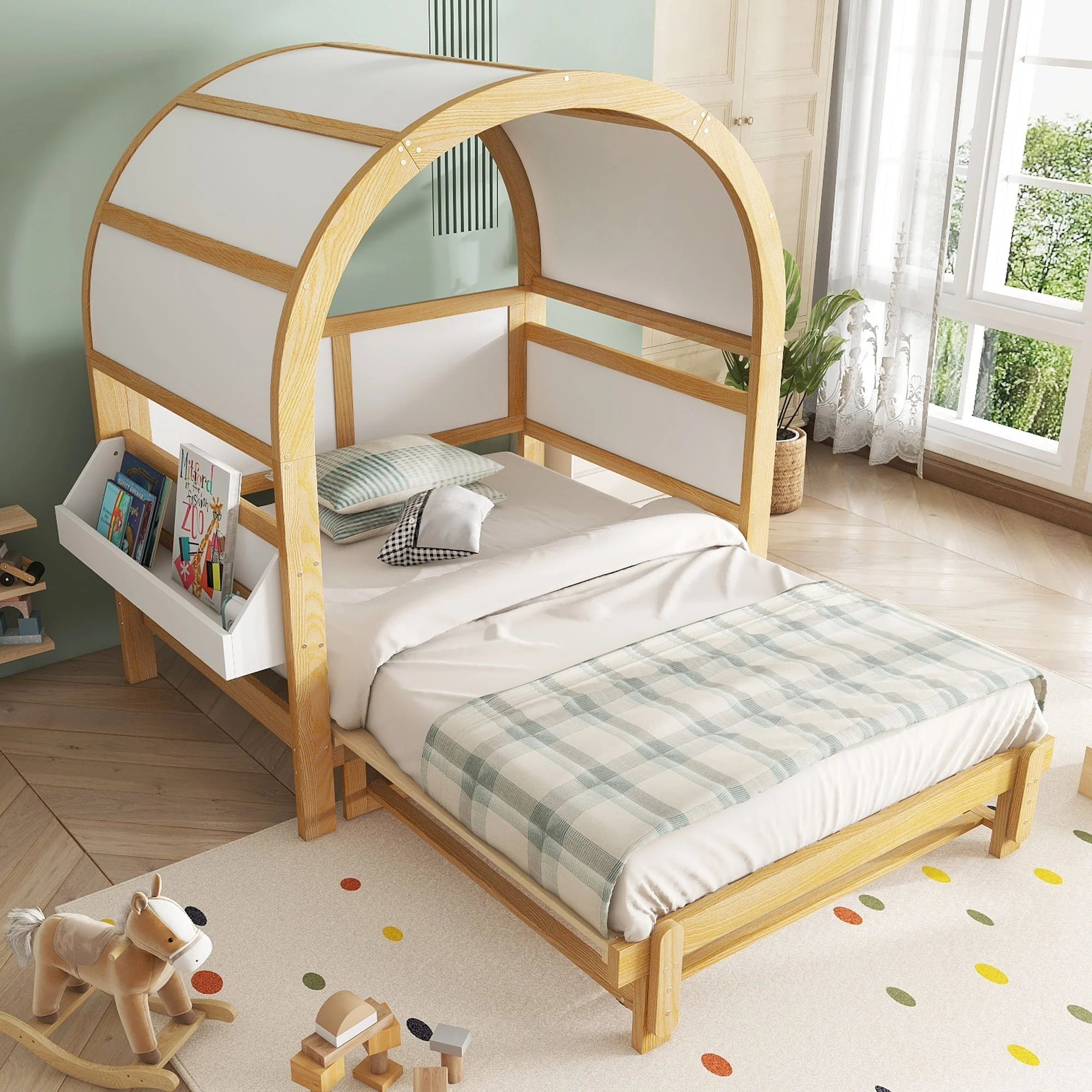 Extendable Arched Roof Bed Sliding Daybed 140x200cm Small Shelf - White/Natural - Image 7