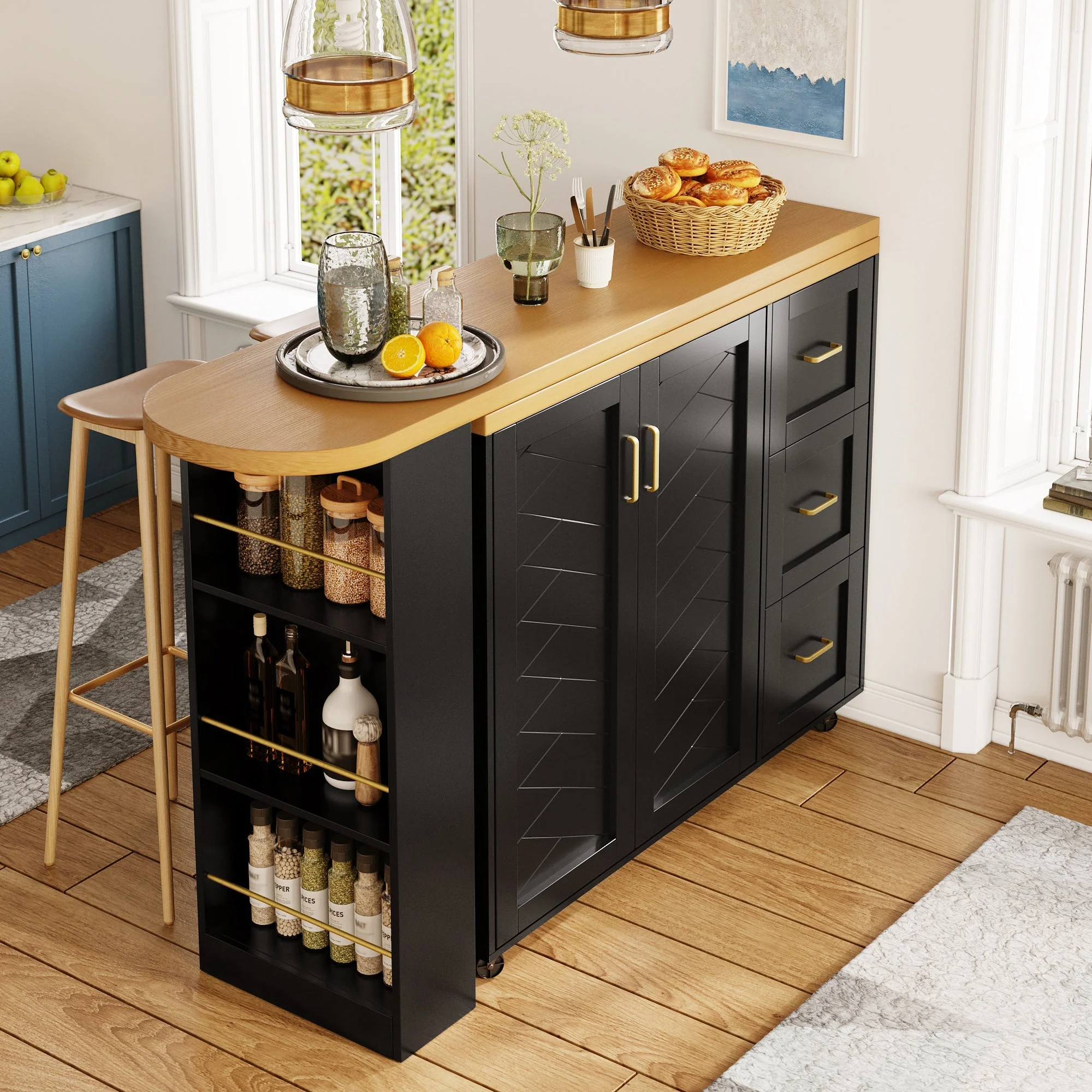 Extendable Bar Cart 2 Doors 3 Drawers Bar Table On Casters White/Black Wood Look - Image 6