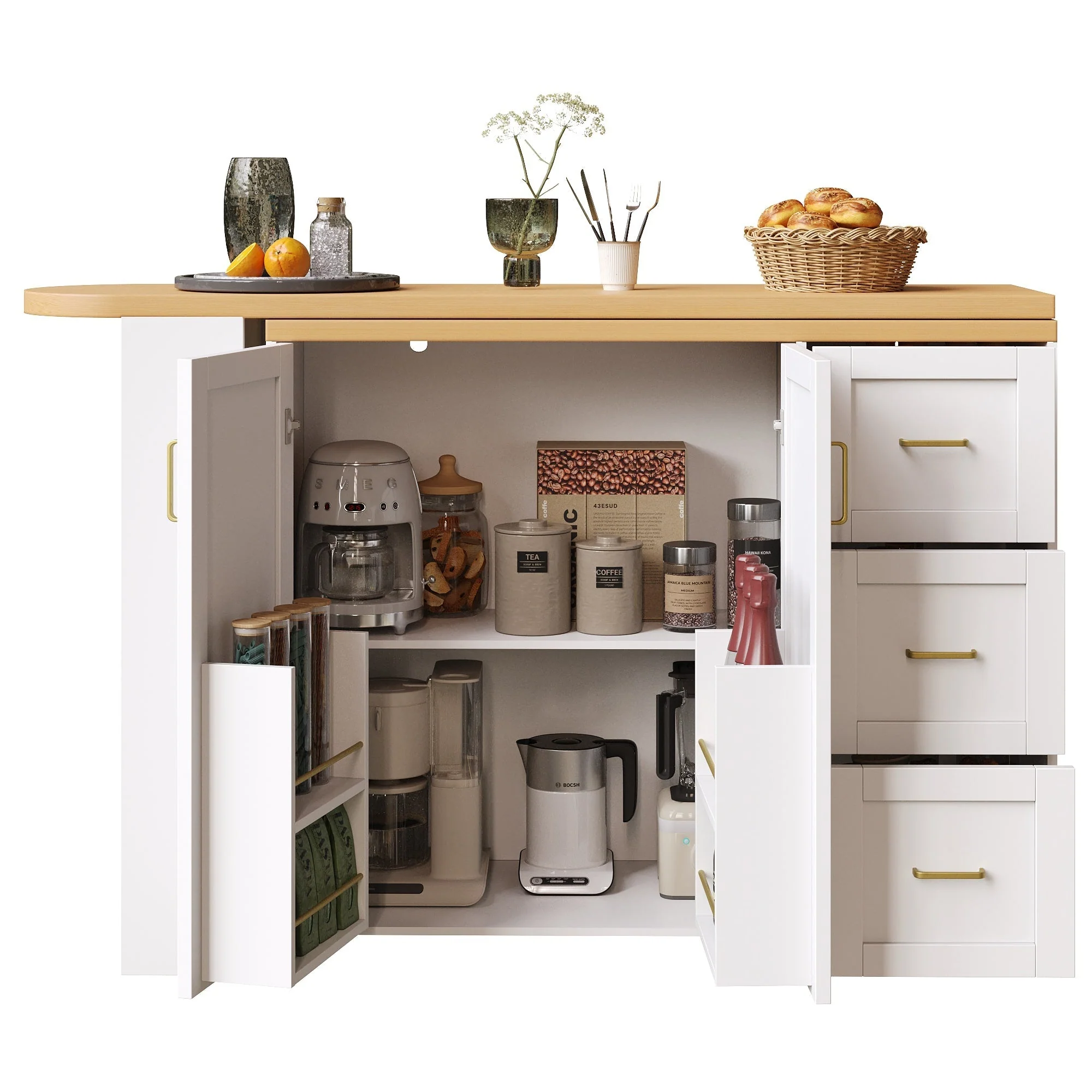Extendable Bar Cart 2 Doors 3 Drawers Rolling Worktop White/Black Wood Look - Image 9