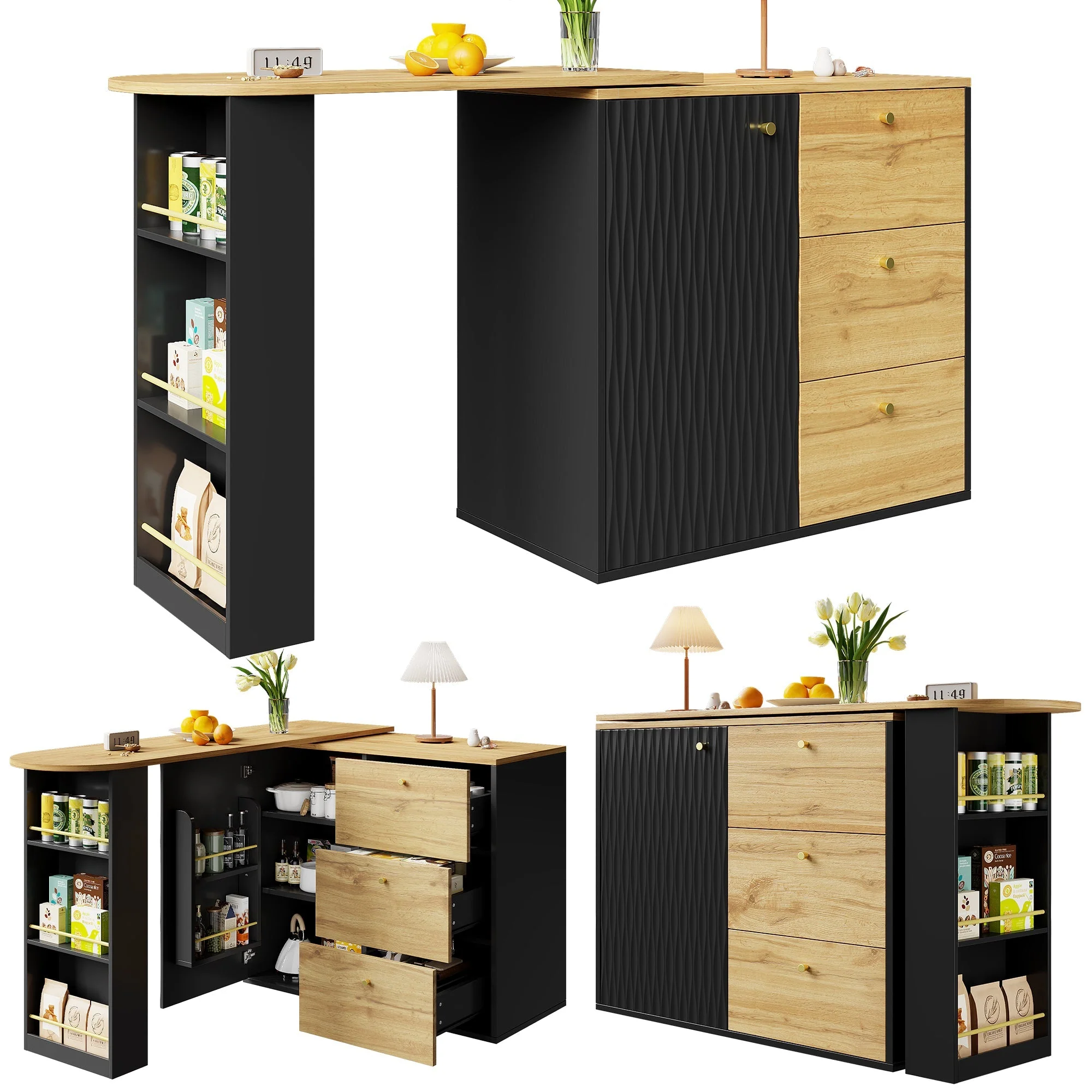 Extendable Bar Table 360° Rotating Storage - Wood Grain - Image 3