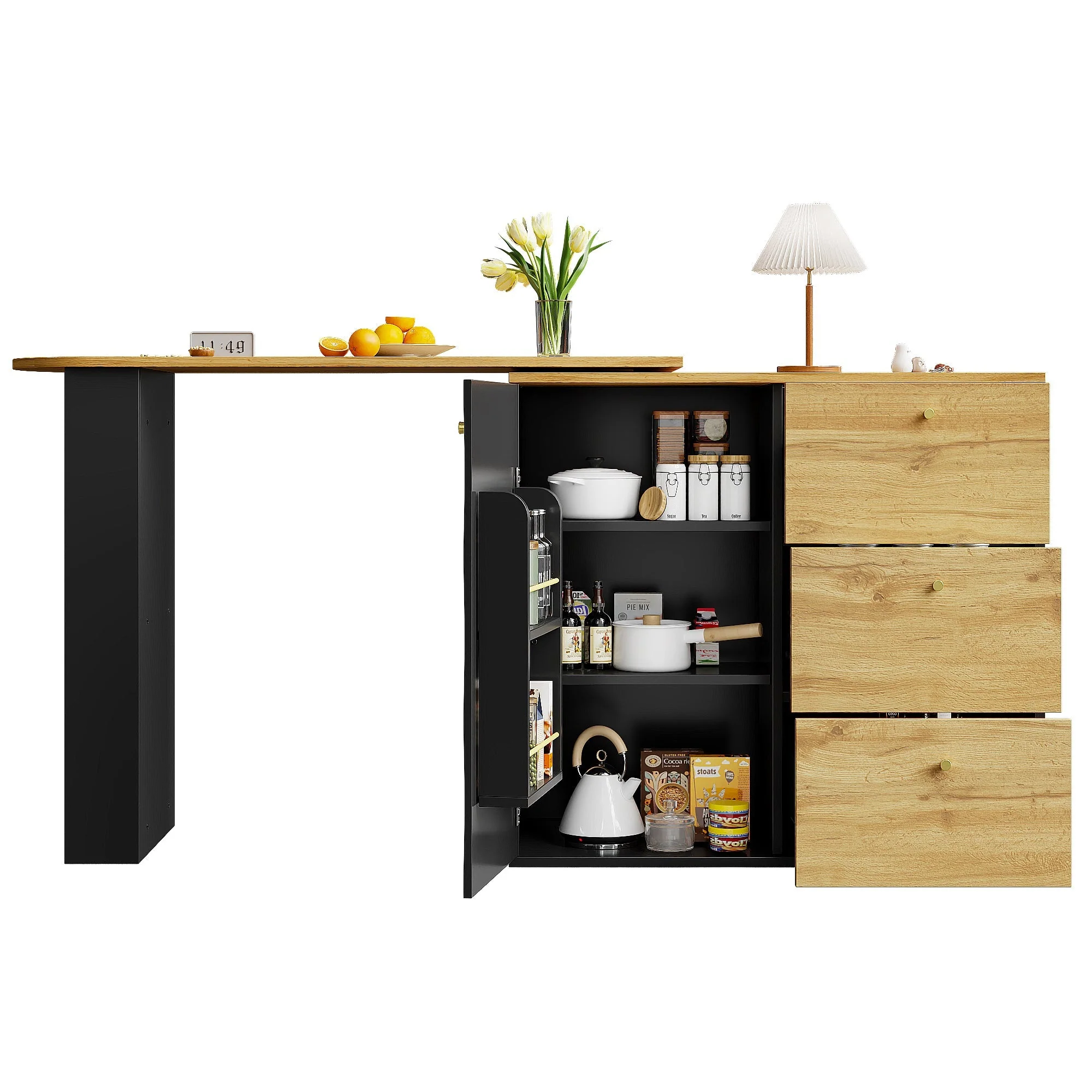 Extendable Bar Table 360° Rotating Storage - Wood Grain - Image 7