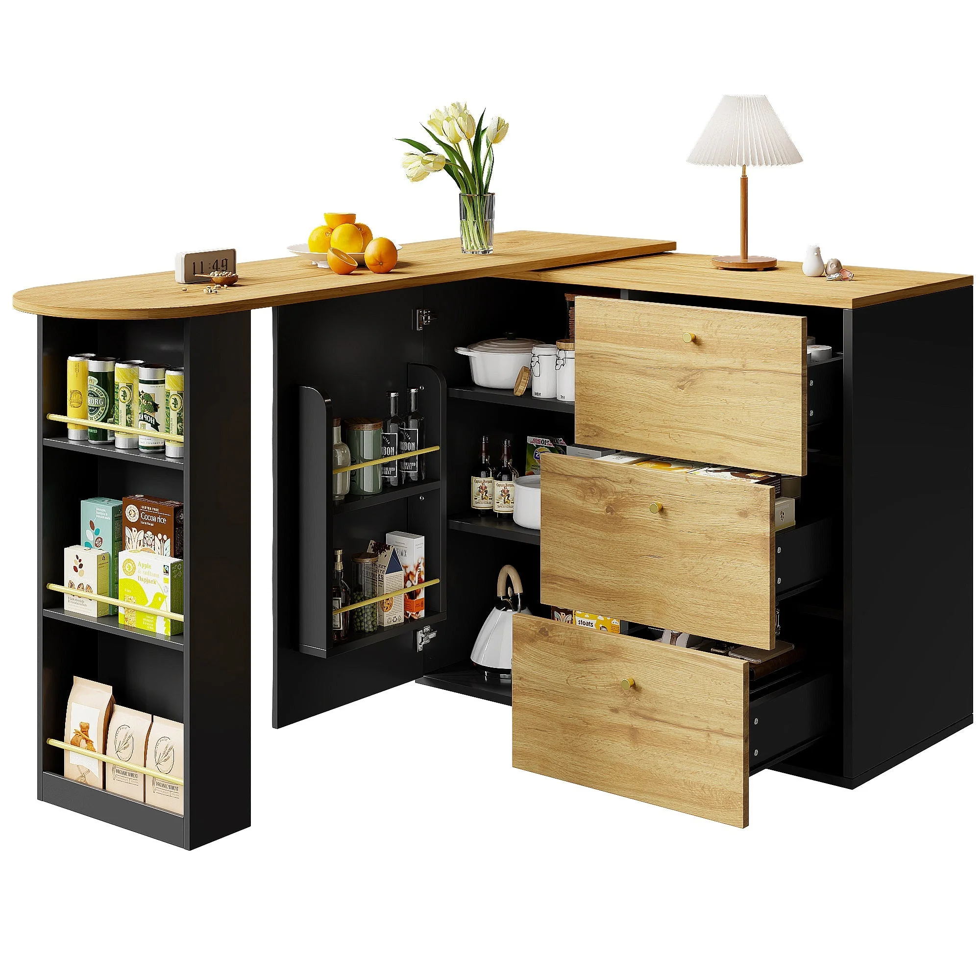 Extendable Bar Table 360° Rotating Storage - Wood Grain - Image 8