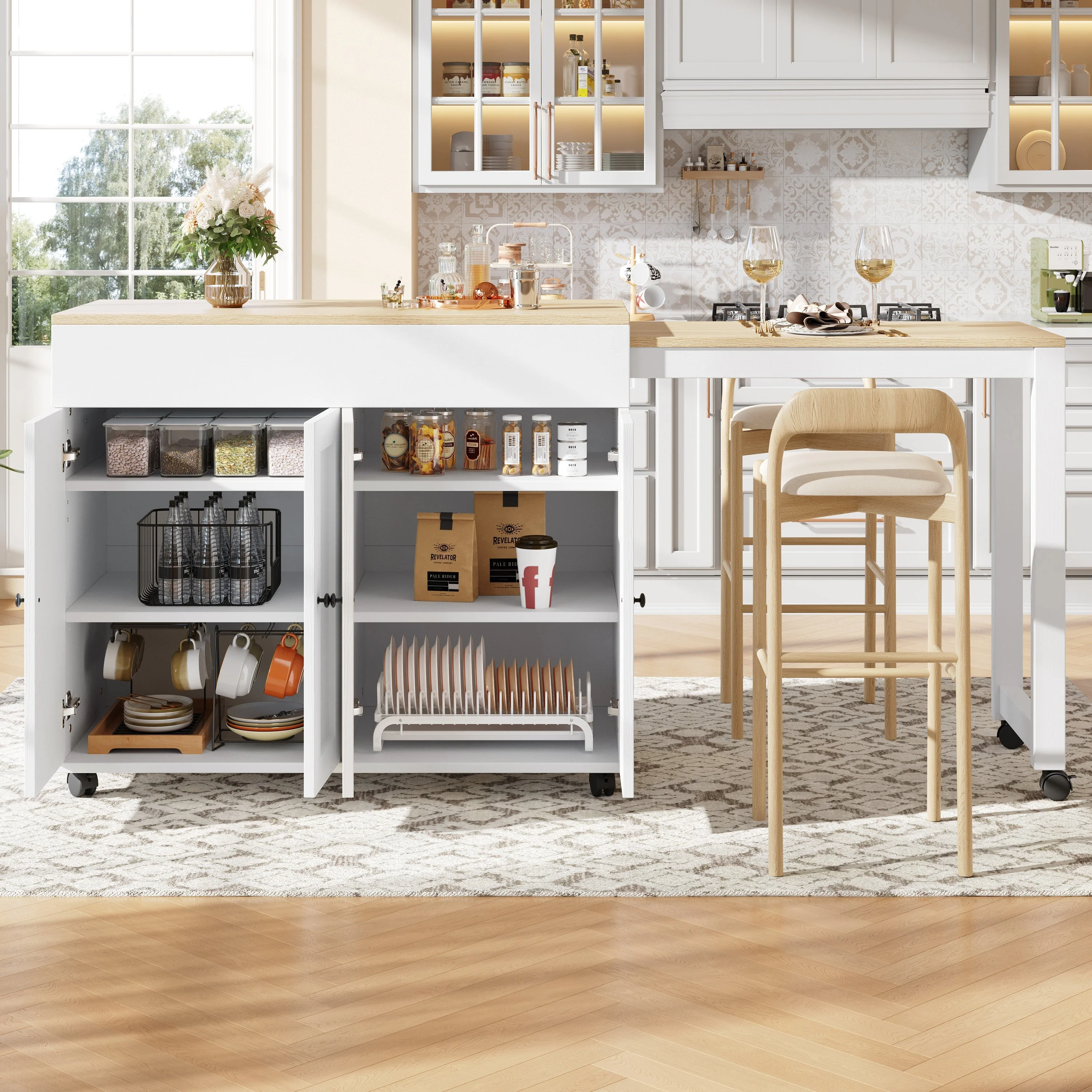 Extendable Bar Table Dining Table with Storage 6 Shelves - White - Image 2