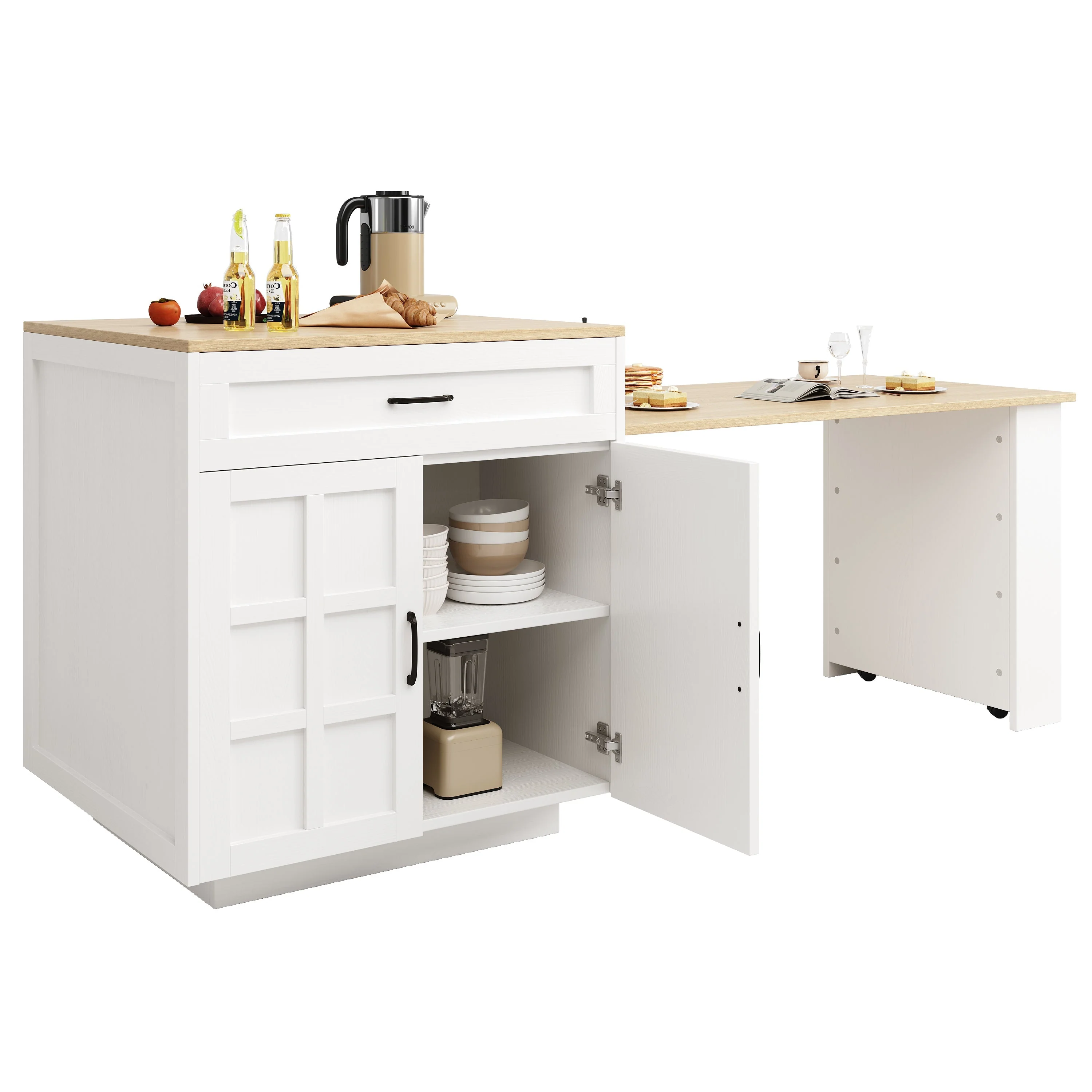 Extendable Bar Table Kitchen Island Dining Cart with Storage Drawers and Shelves White - Image 5