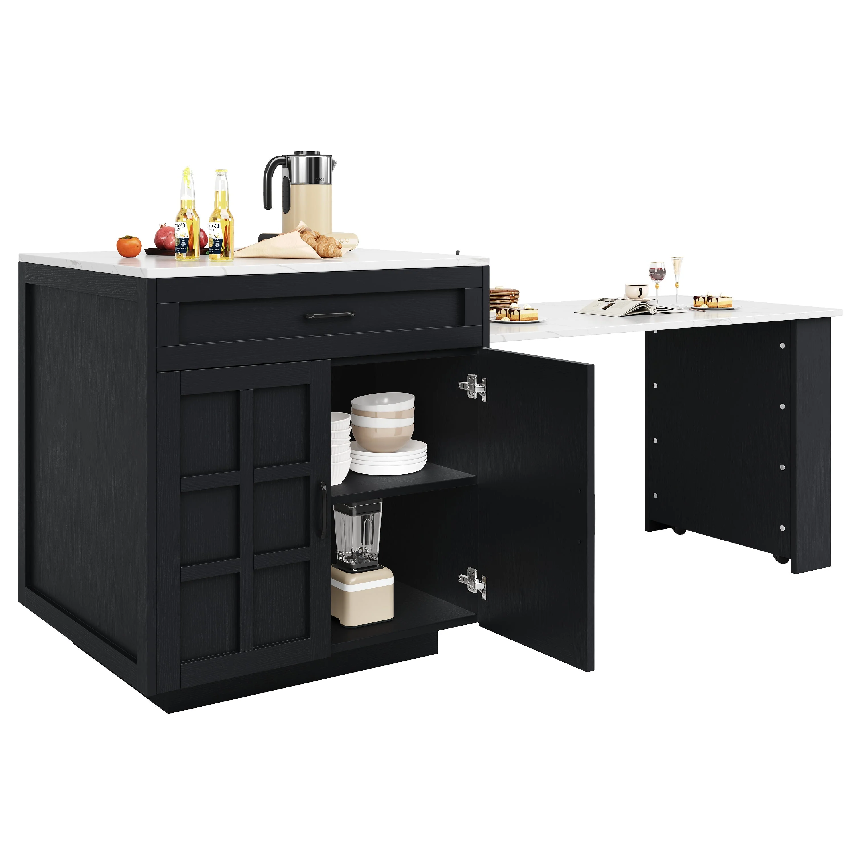 Extendable Bar Table Kitchen Island with Storage, 2 Drawers & Shelves - Black - Image 5