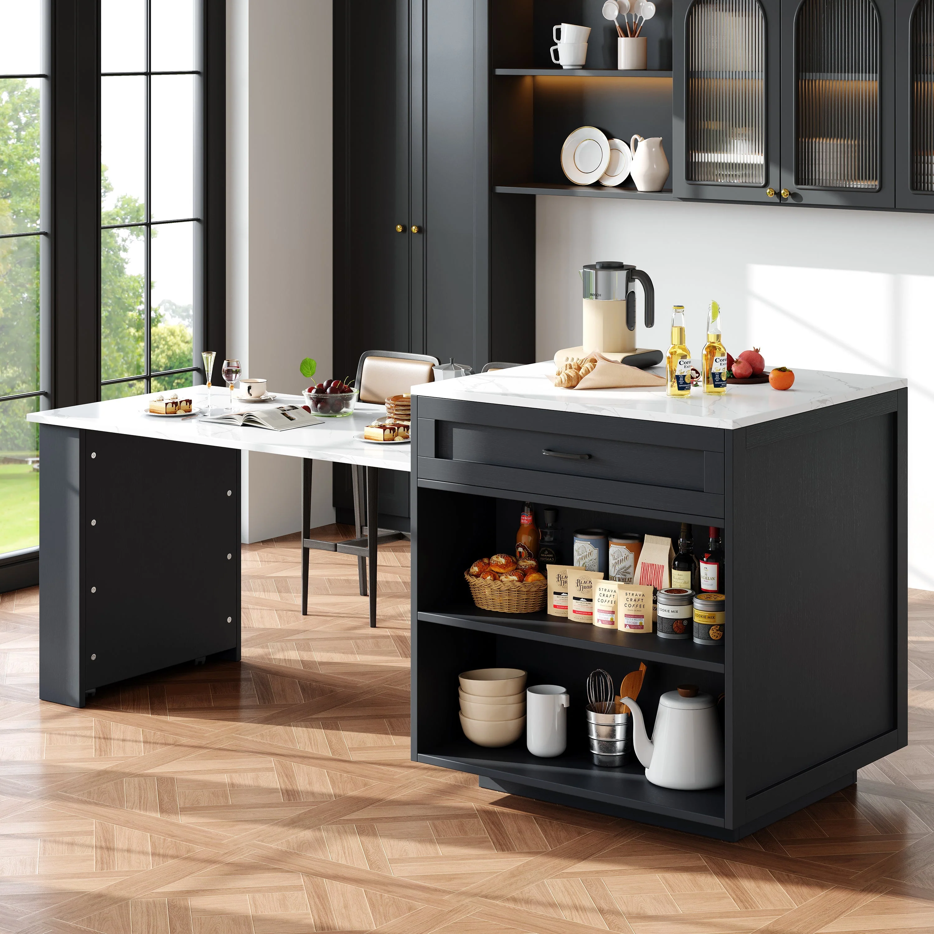 Extendable Bar Table Kitchen Island with Storage & Drawers - Black - Image 2