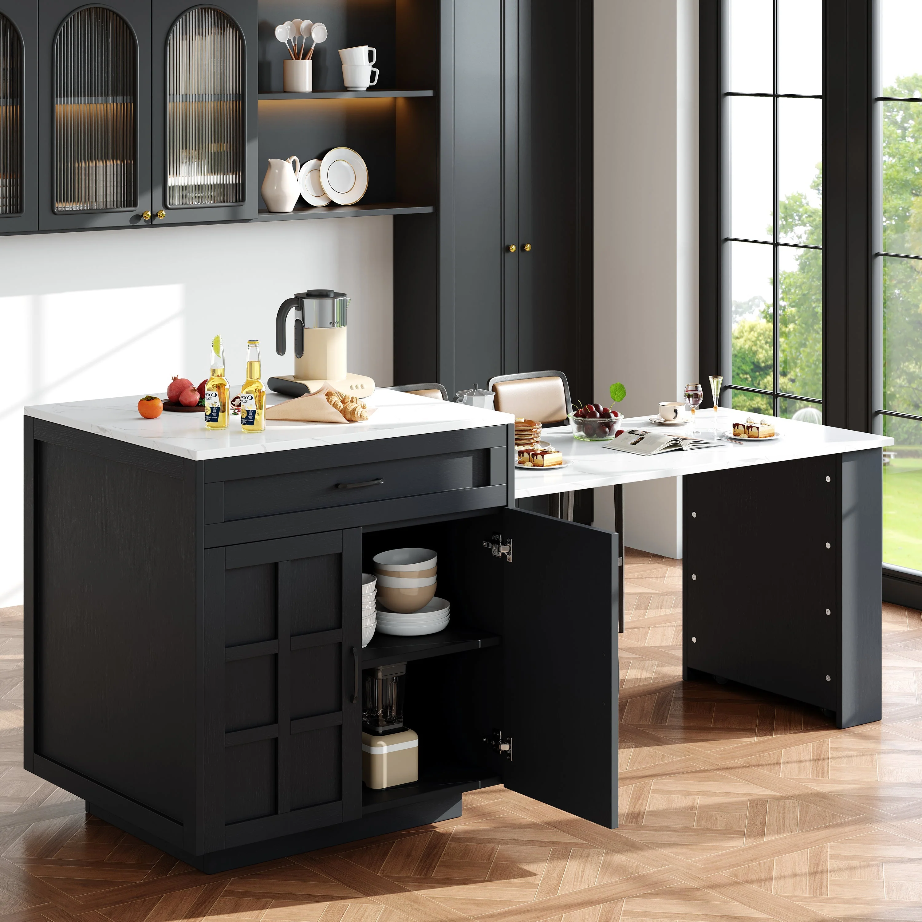 Extendable Bar Table Kitchen Island with Storage & Drawers - Black - Image 3