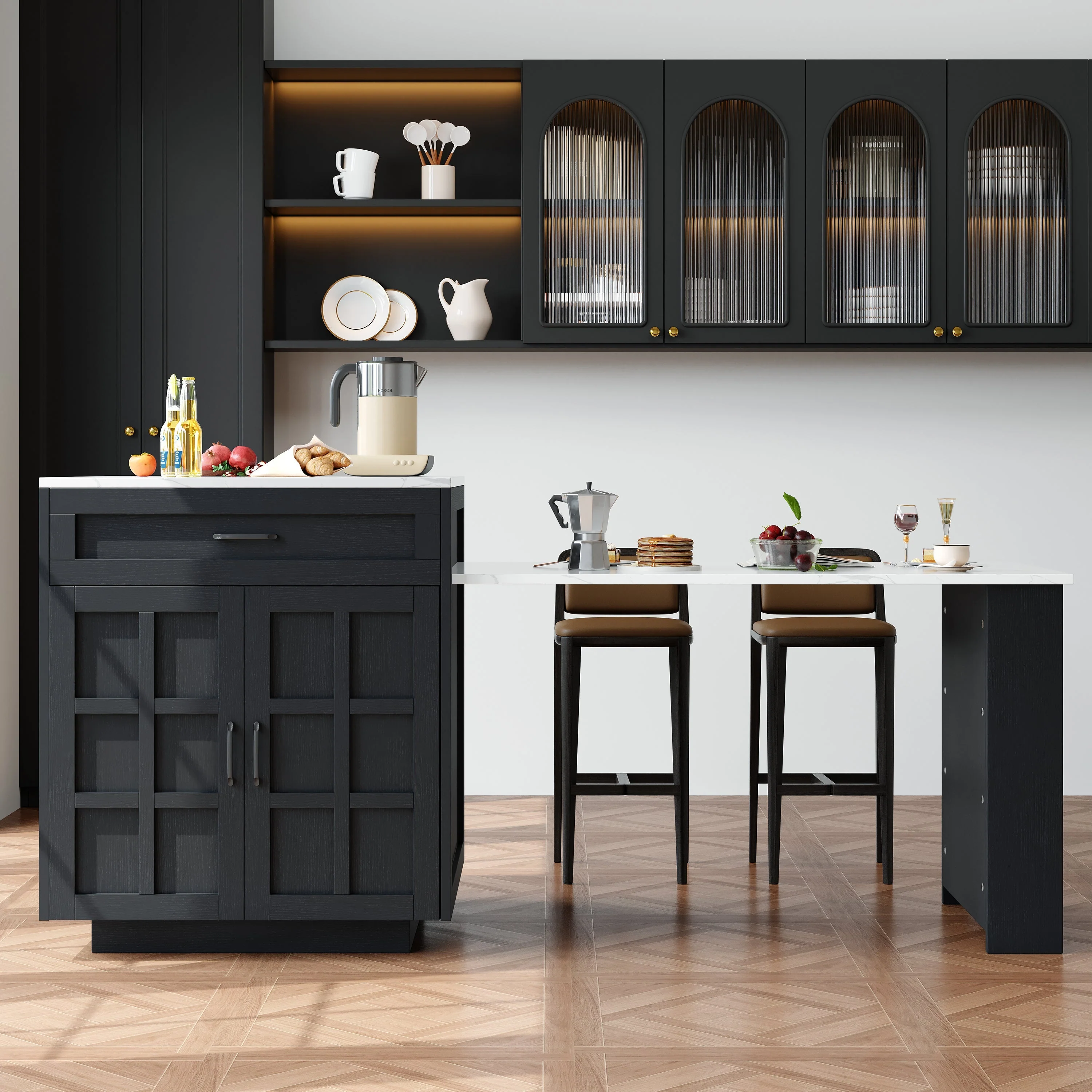 Extendable Bar Table Kitchen Island with Storage & Drawers - Black - Image 4