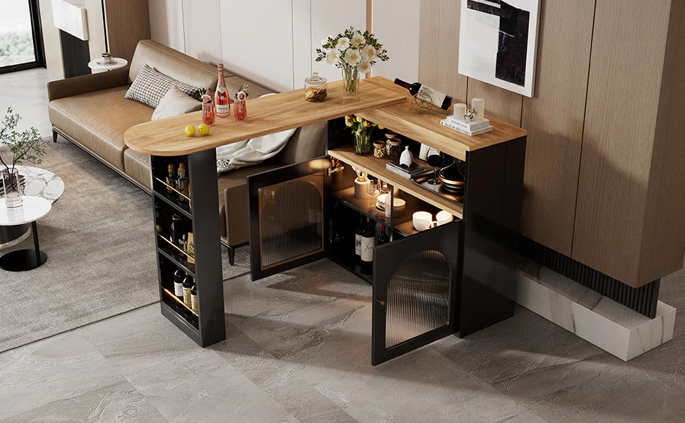 Extendable Bar Table Rotatable Storage LED Light Black - Image 10