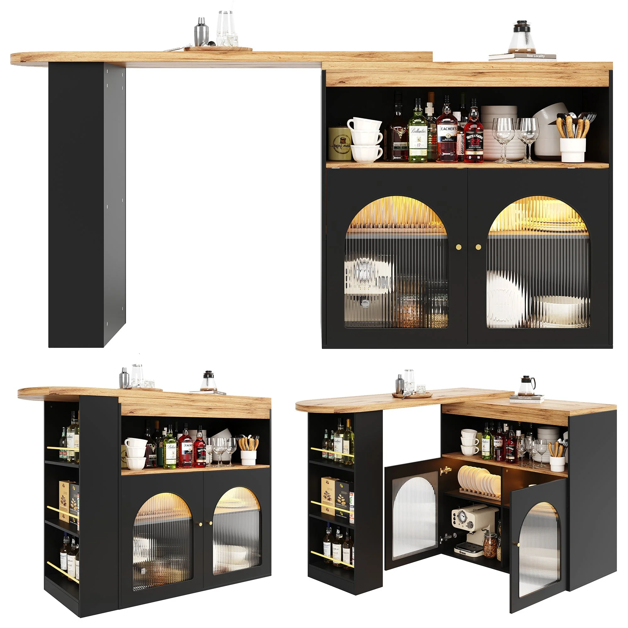 Extendable Bar Table Rotatable Storage LED Light Black - Image 2