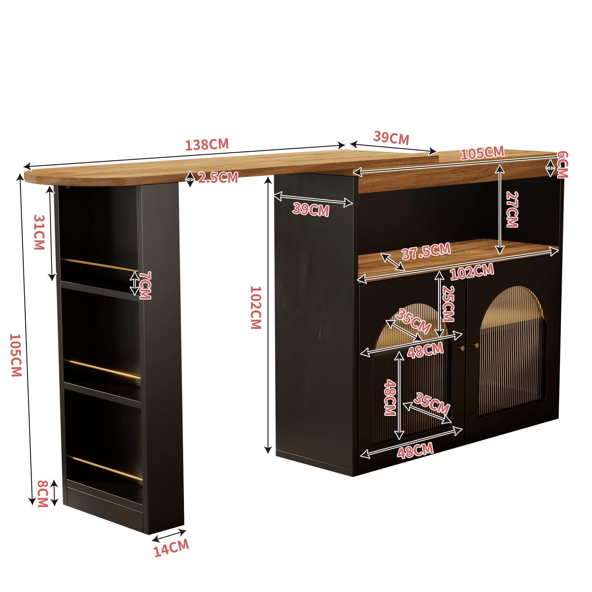 Extendable Bar Table Rotatable Storage LED Light Black - Image 3