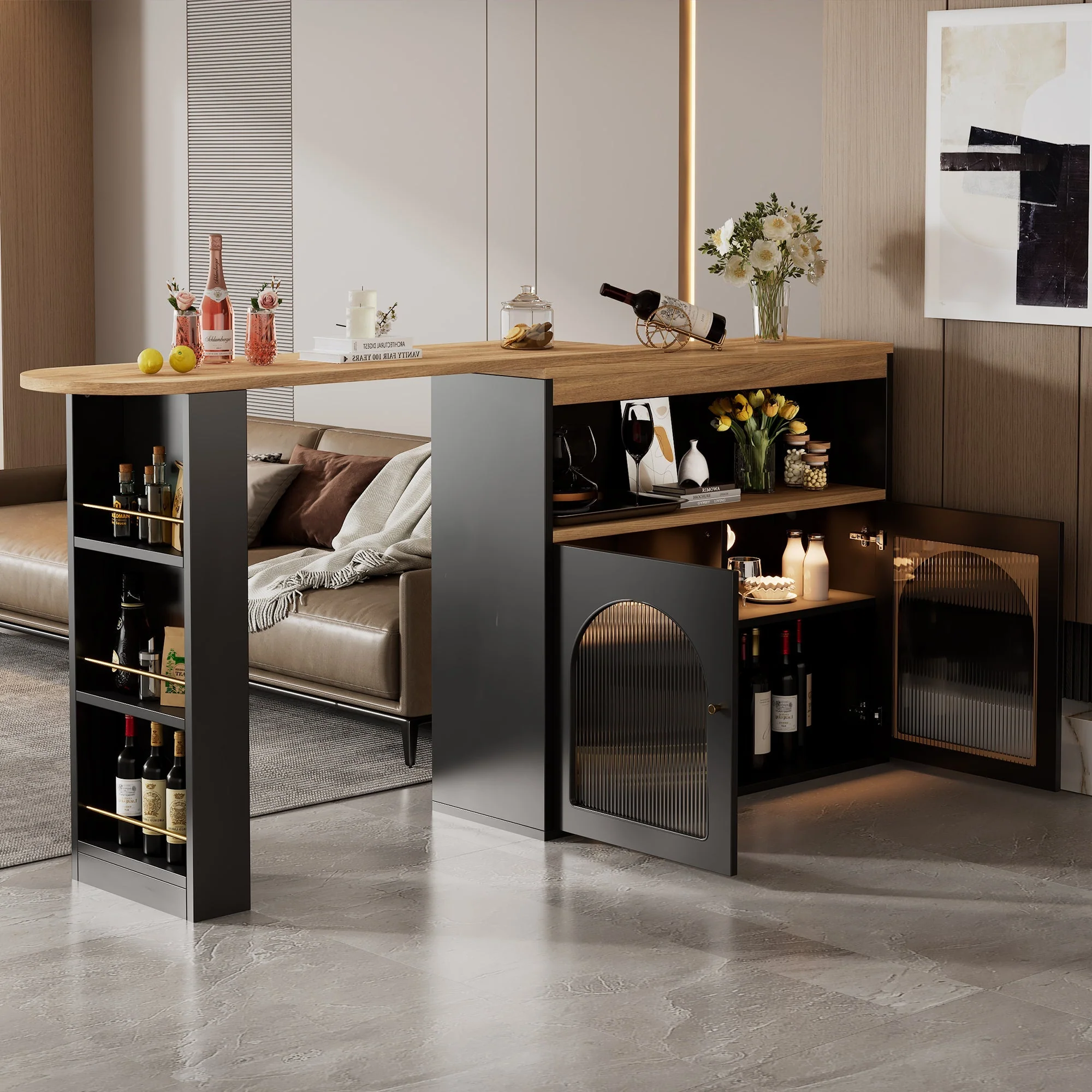 Extendable Bar Table Rotatable Storage LED Light Black - Image 4