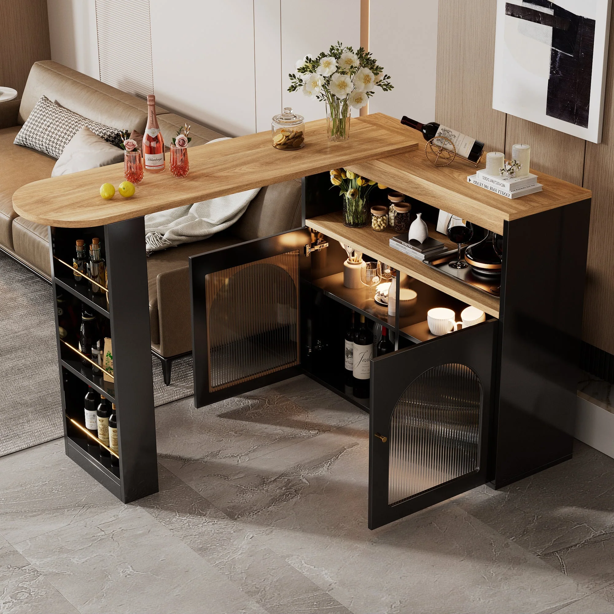 Extendable Bar Table Rotatable Storage LED Light Black - Image 5