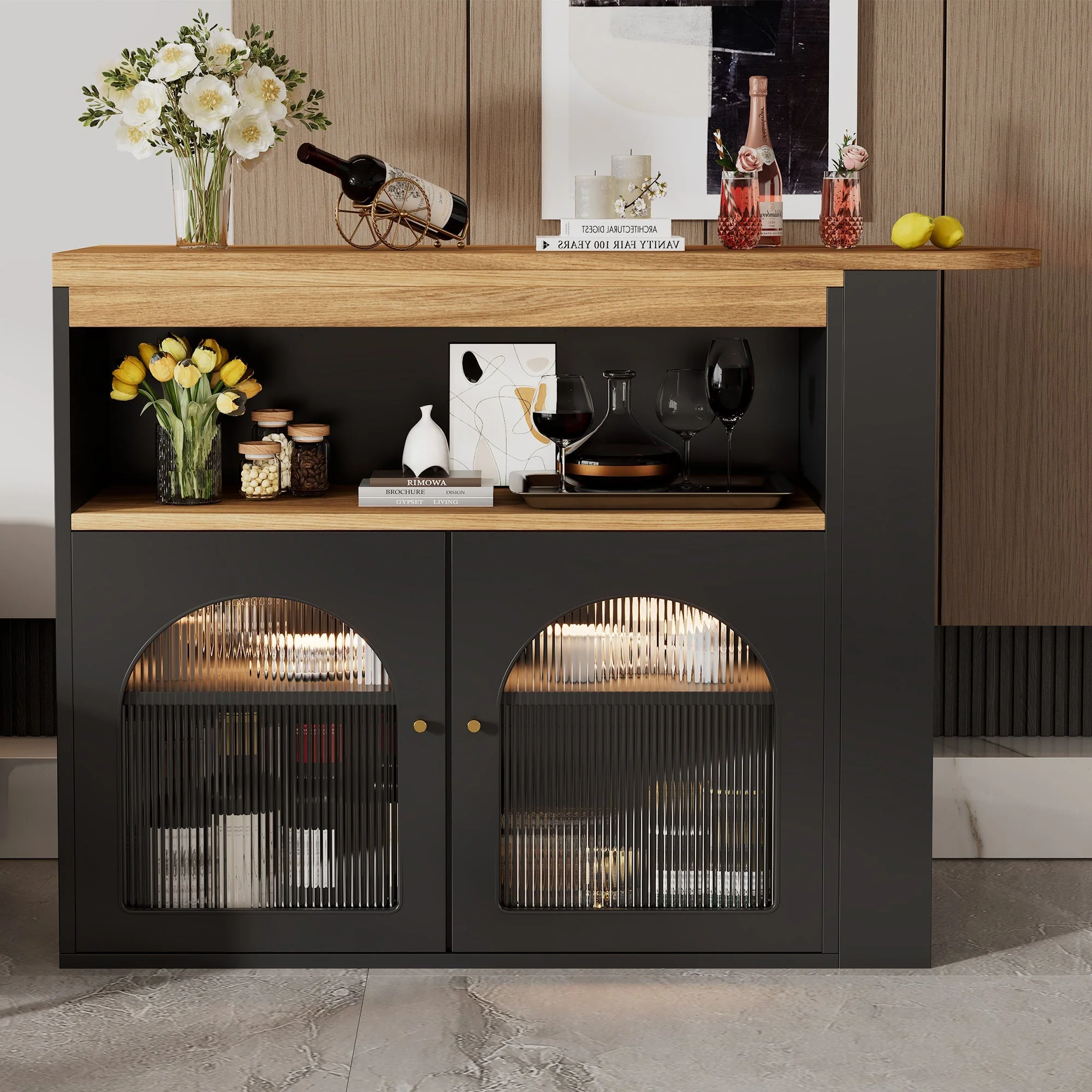 Extendable Bar Table Rotatable Storage LED Light Black - Image 6